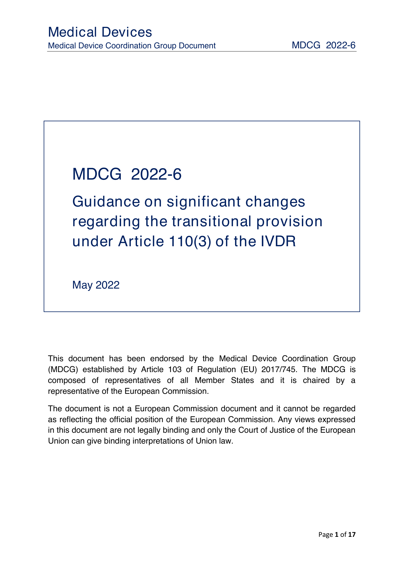 MDCG 2022-6 — original physical PDF page 1; complete page layout, tables, screenshots and footnotes retained.