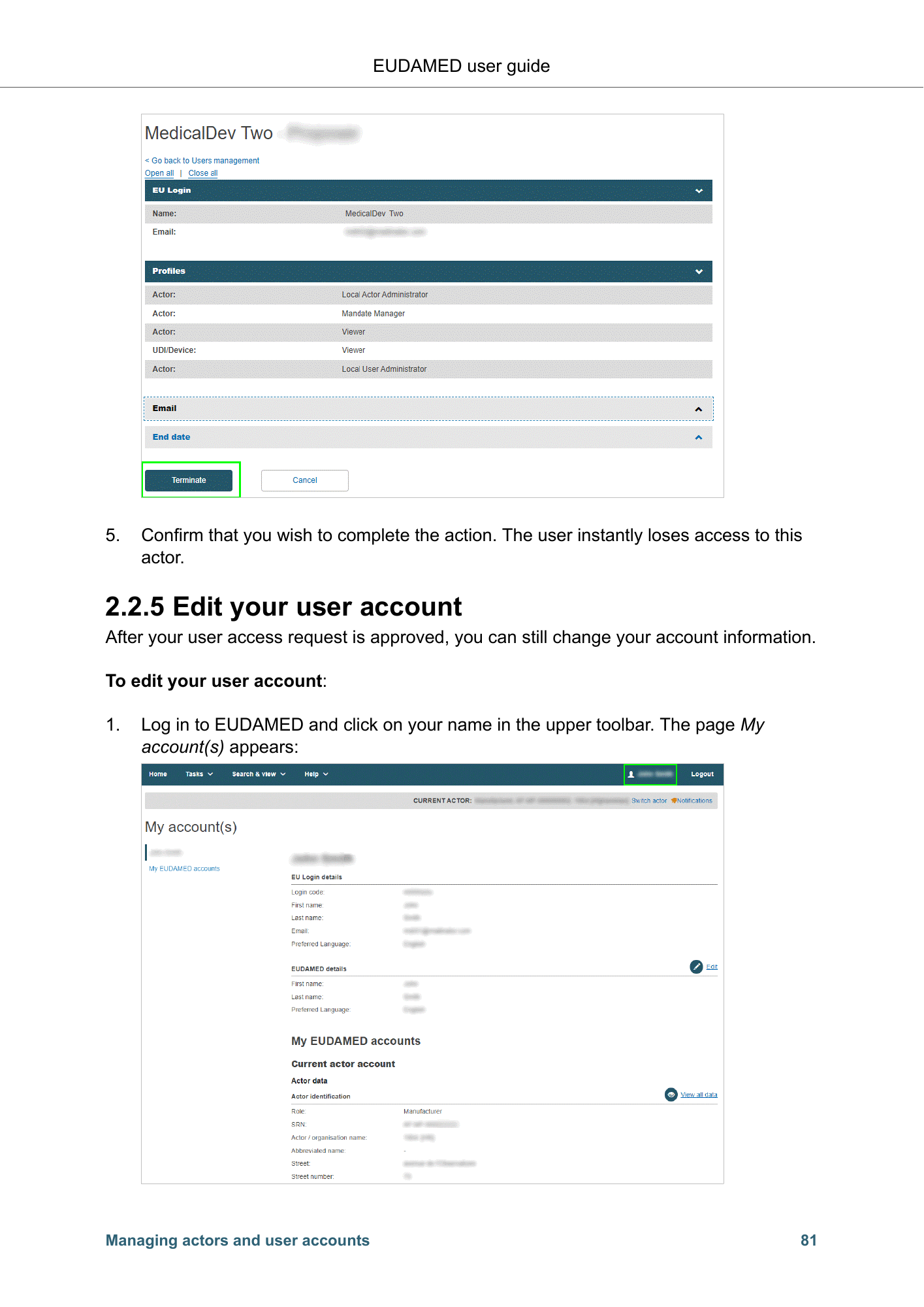 EUDAMED user guide — Production v2.27.0 (2026) — original physical PDF page 84; complete page layout, tables, screenshots and footnotes retained.