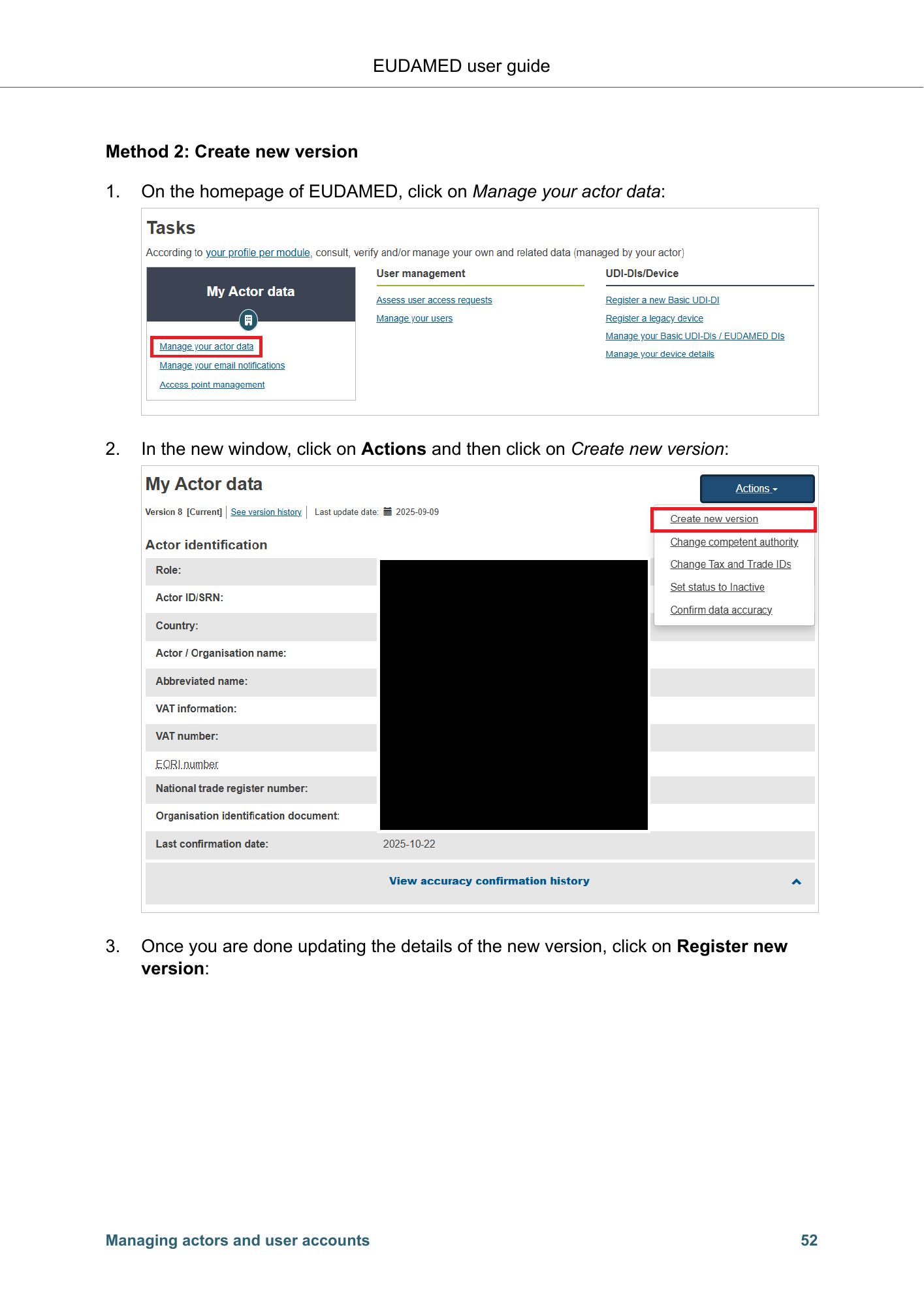 EUDAMED user guide — Production v2.27.0 (2026) — original physical PDF page 55; complete page layout, tables, screenshots and footnotes retained.