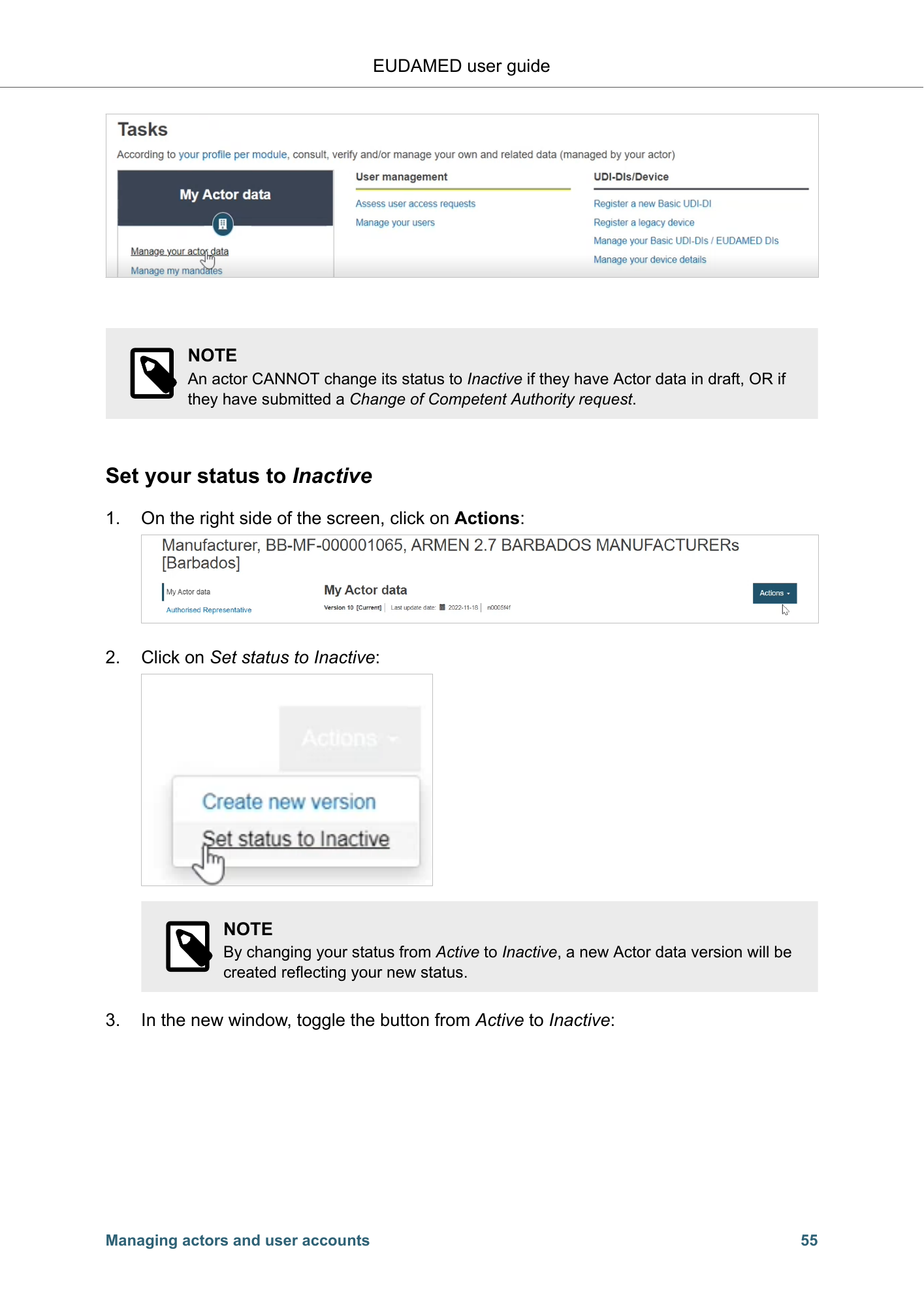 EUDAMED user guide — Production v2.27.0 (2026) — original physical PDF page 58; complete page layout, tables, screenshots and footnotes retained.