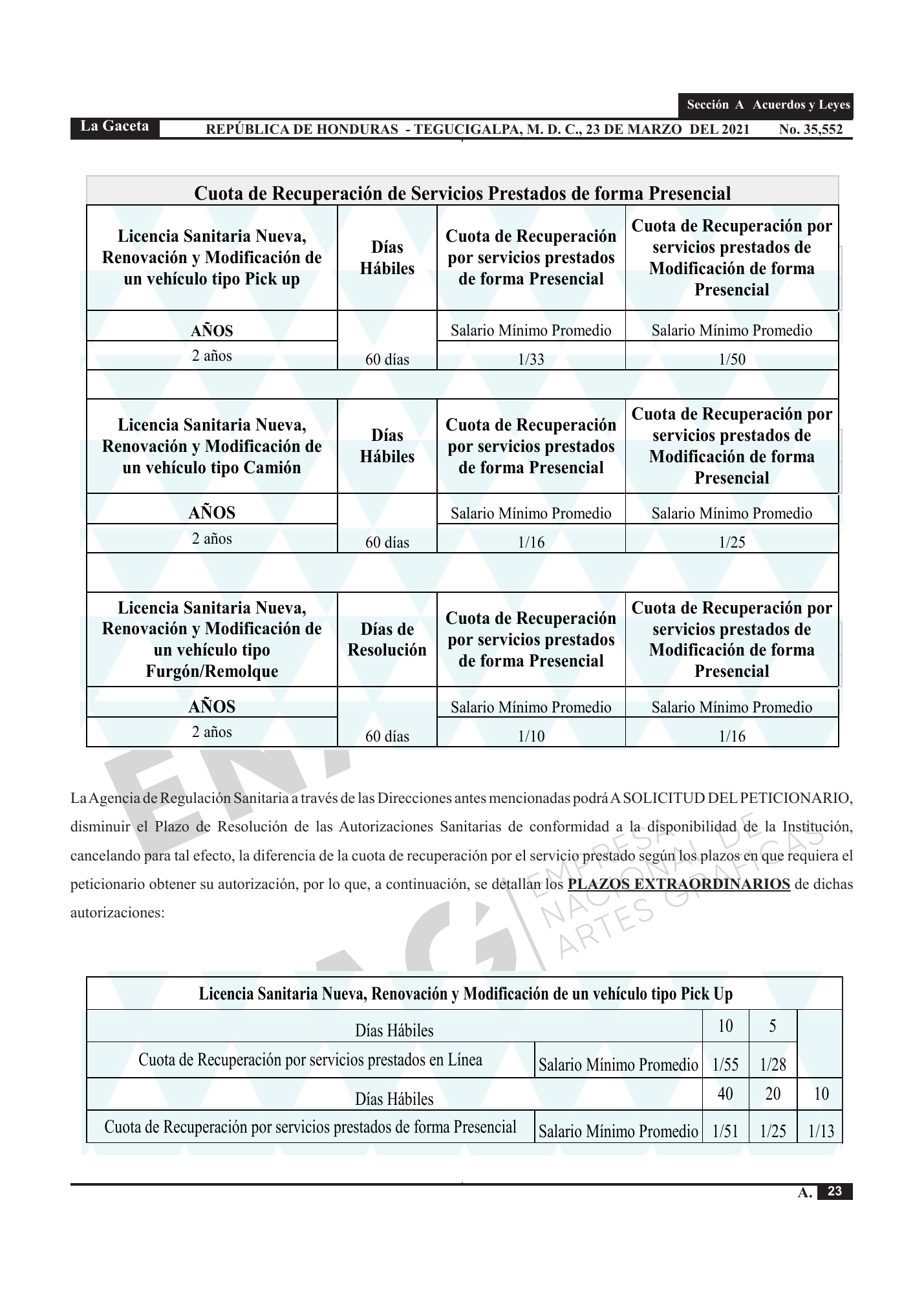 Acuerdo 003-2021 — official PDF page 23; original table columns, symbols and diagram connections