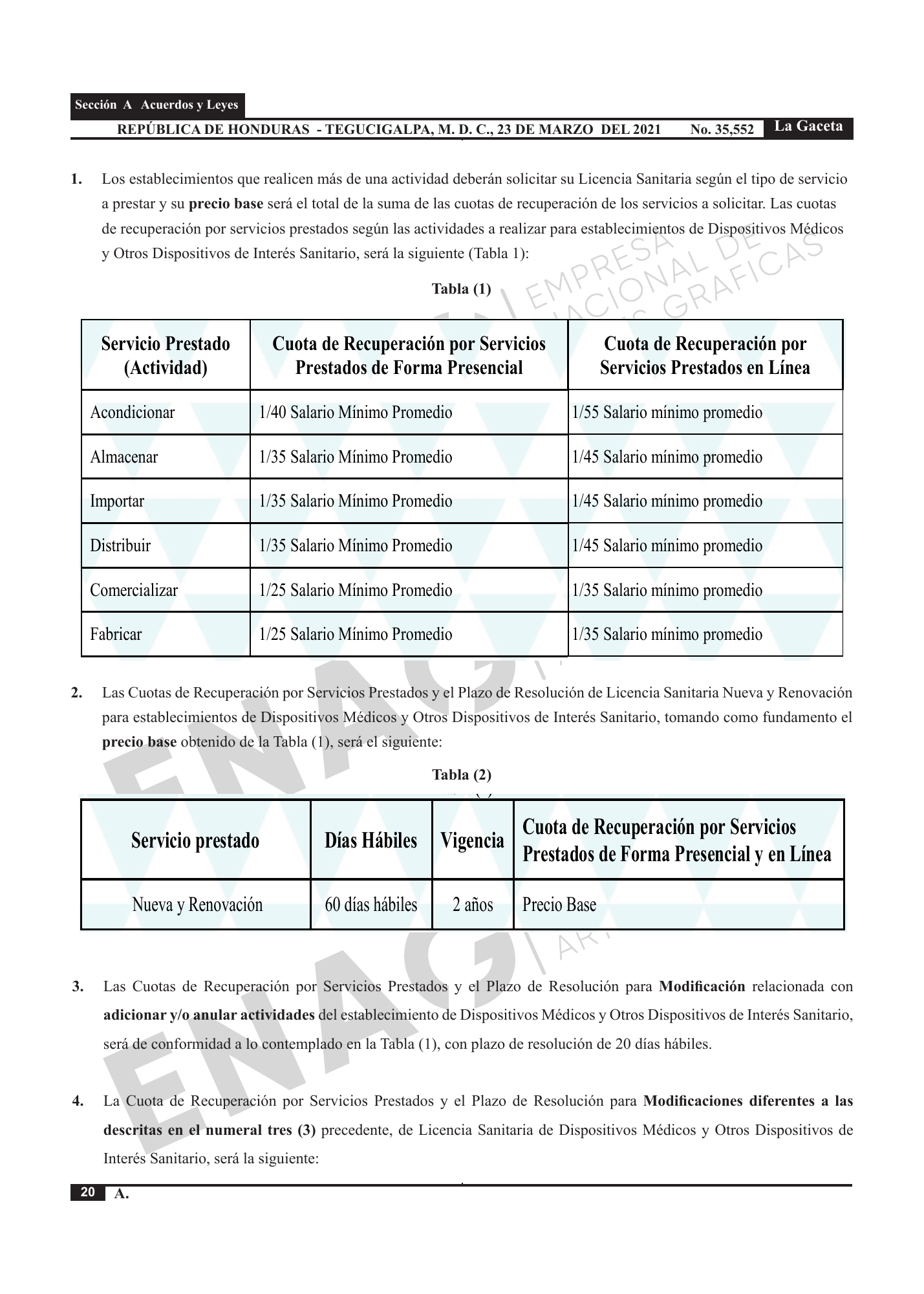 Acuerdo 003-2021 — official PDF page 20; original table columns, symbols and diagram connections