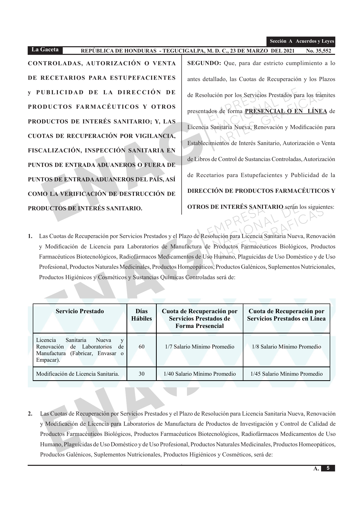 Acuerdo 003-2021 — official PDF page 5; original table columns, symbols and diagram connections