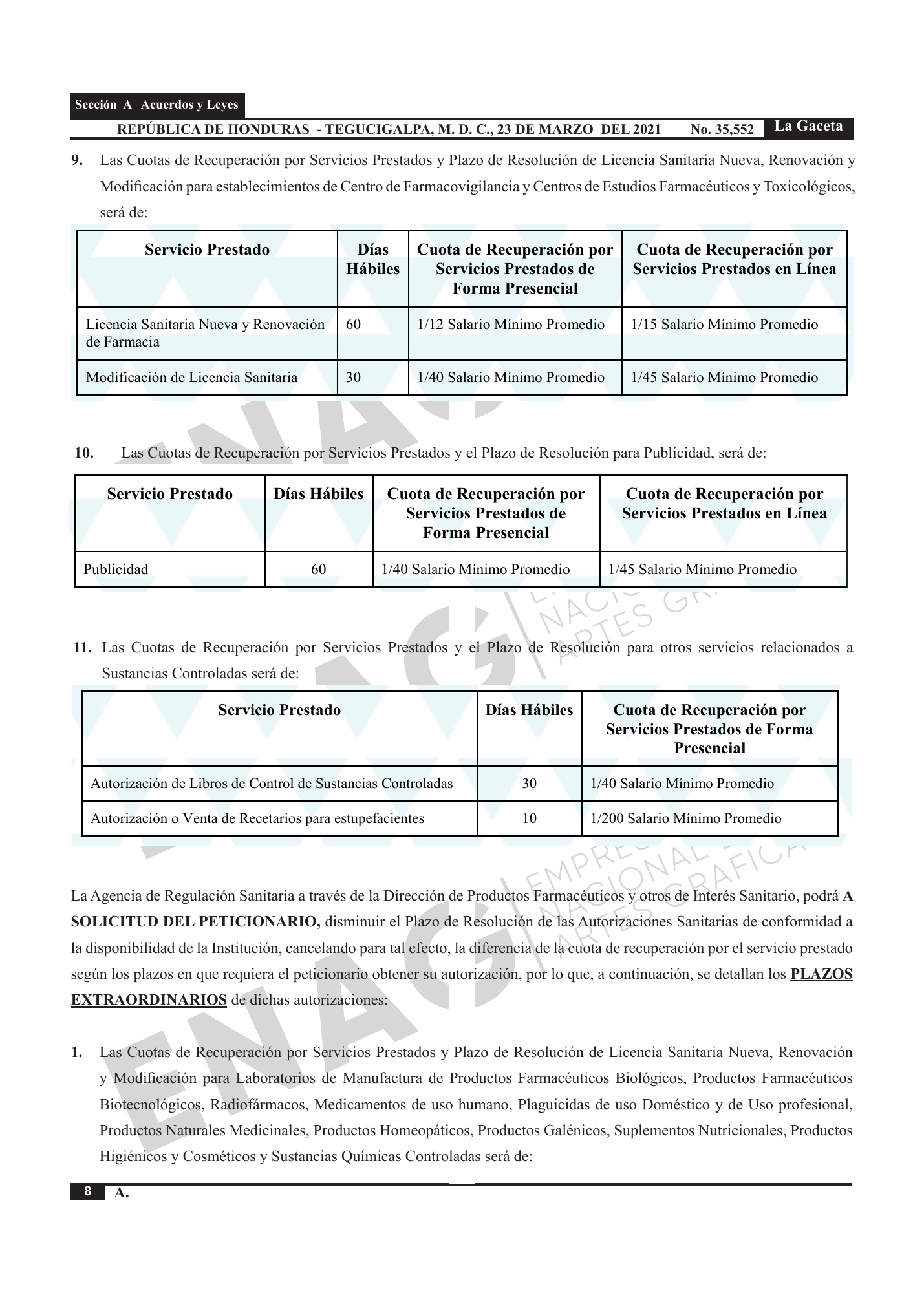 Acuerdo 003-2021 — official PDF page 8; original table columns, symbols and diagram connections
