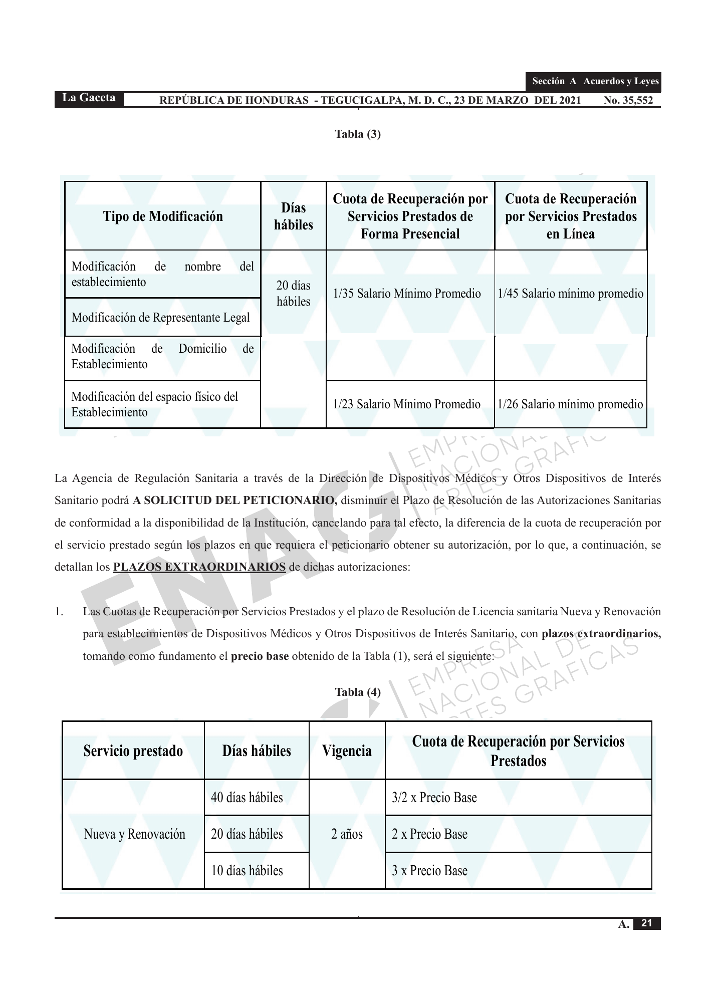 Acuerdo 003-2021 — official PDF page 21; original table columns, symbols and diagram connections