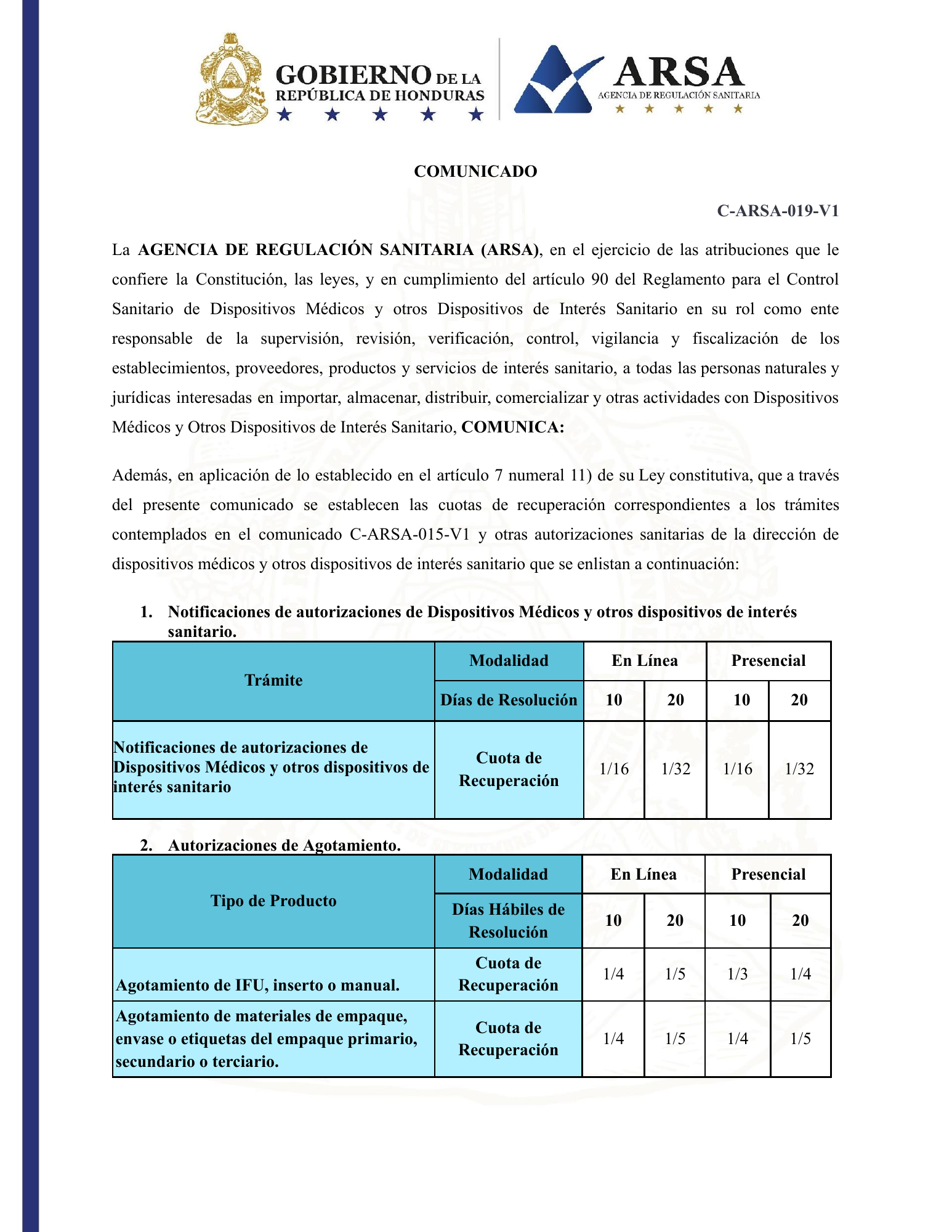C-ARSA-019-V1 — official PDF page 1; original table columns, symbols and diagram connections