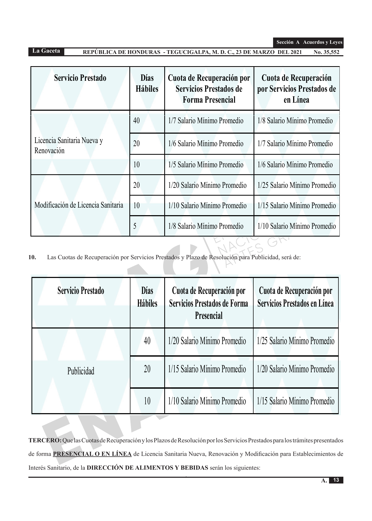 Acuerdo 003-2021 — official PDF page 13; original table columns, symbols and diagram connections