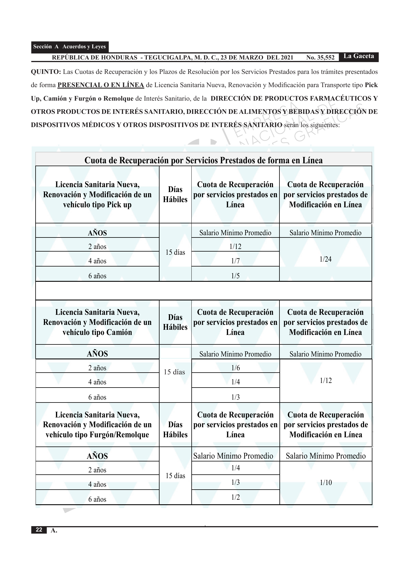 Acuerdo 003-2021 — official PDF page 22; original table columns, symbols and diagram connections