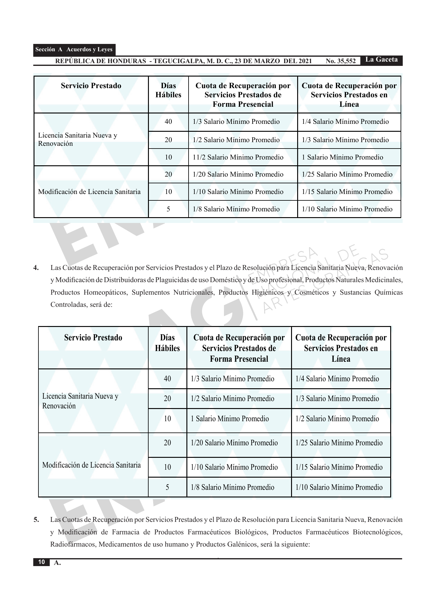 Acuerdo 003-2021 — official PDF page 10; original table columns, symbols and diagram connections