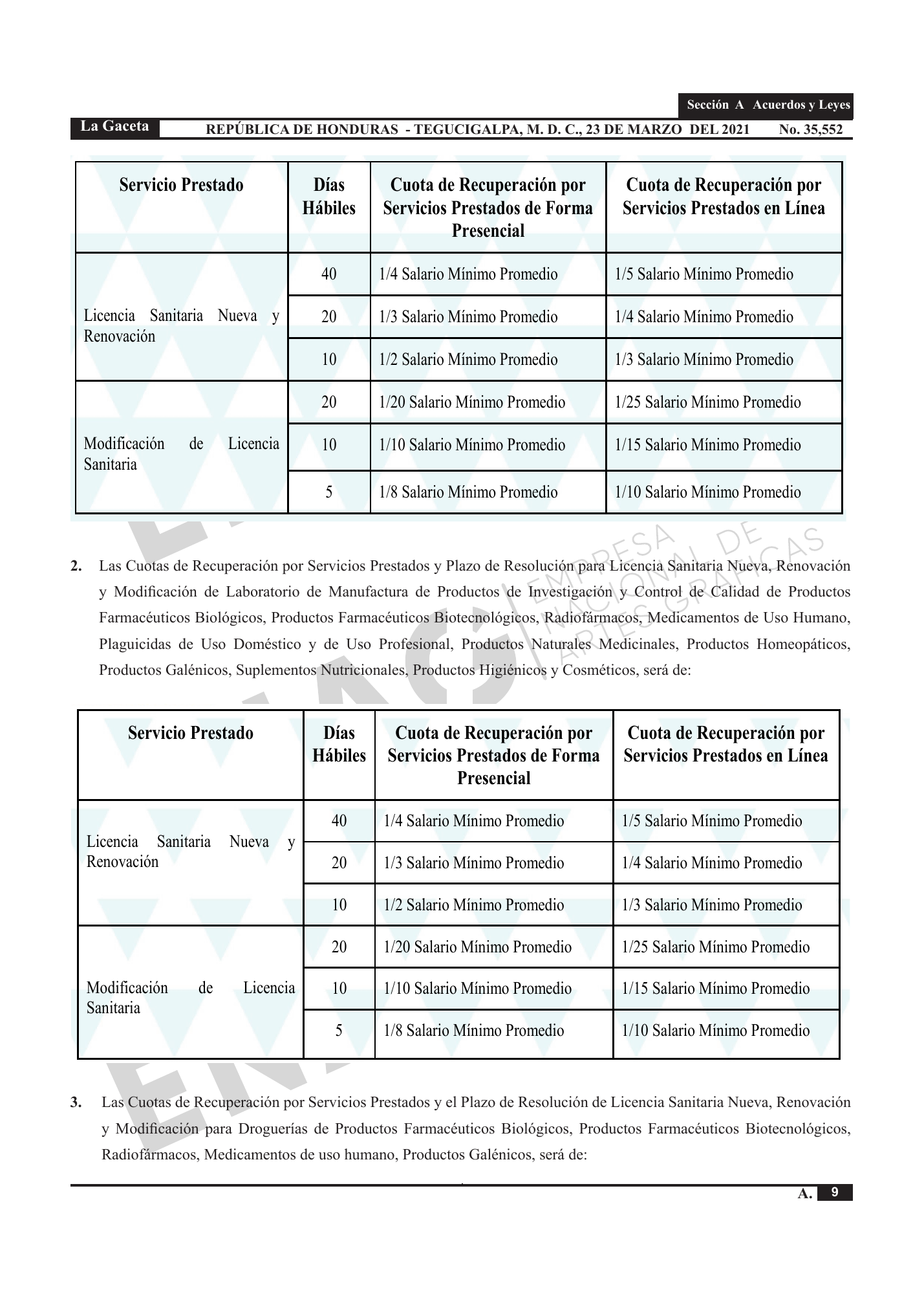 Acuerdo 003-2021 — official PDF page 9; original table columns, symbols and diagram connections