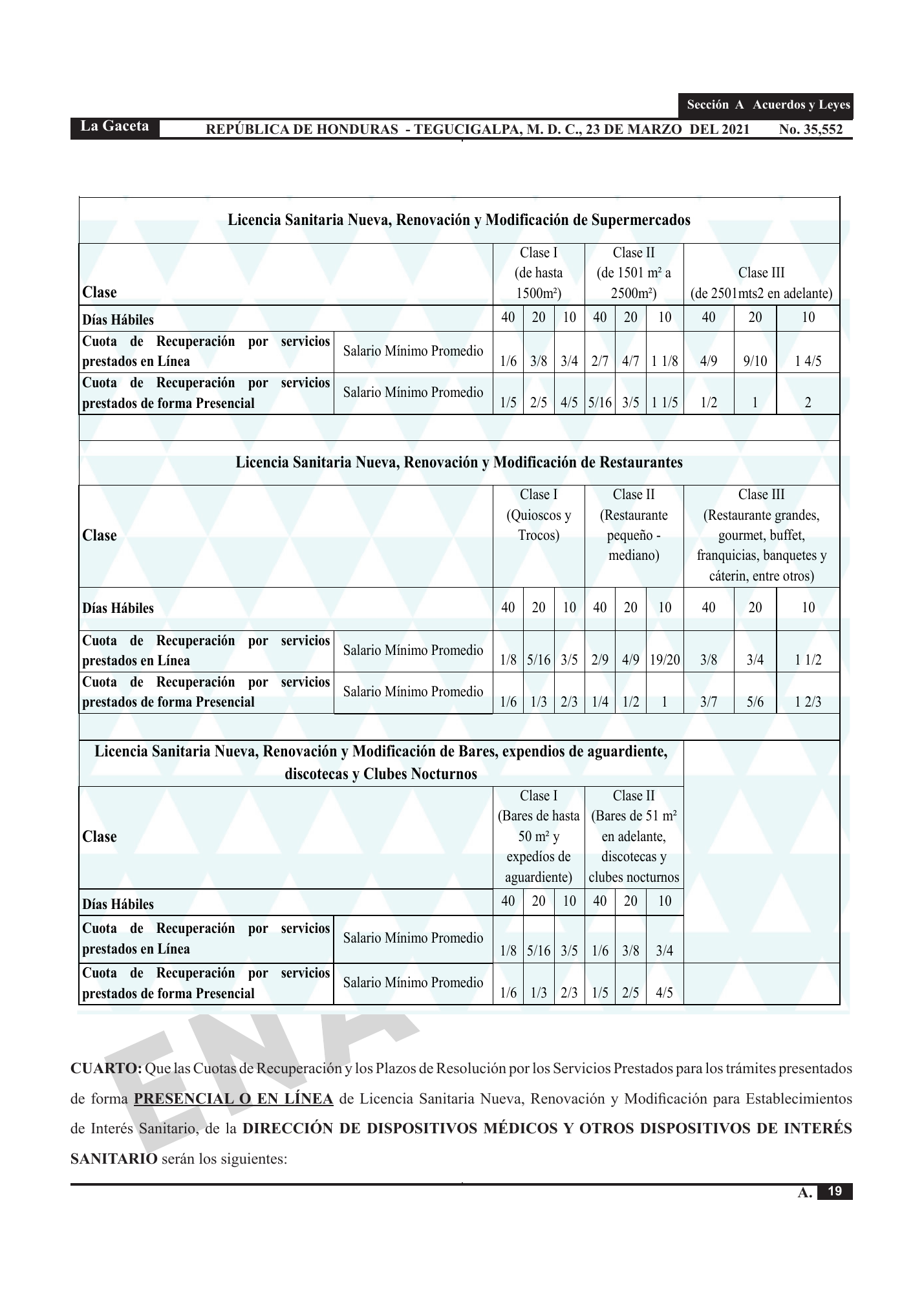 Acuerdo 003-2021 — official PDF page 19; original table columns, symbols and diagram connections