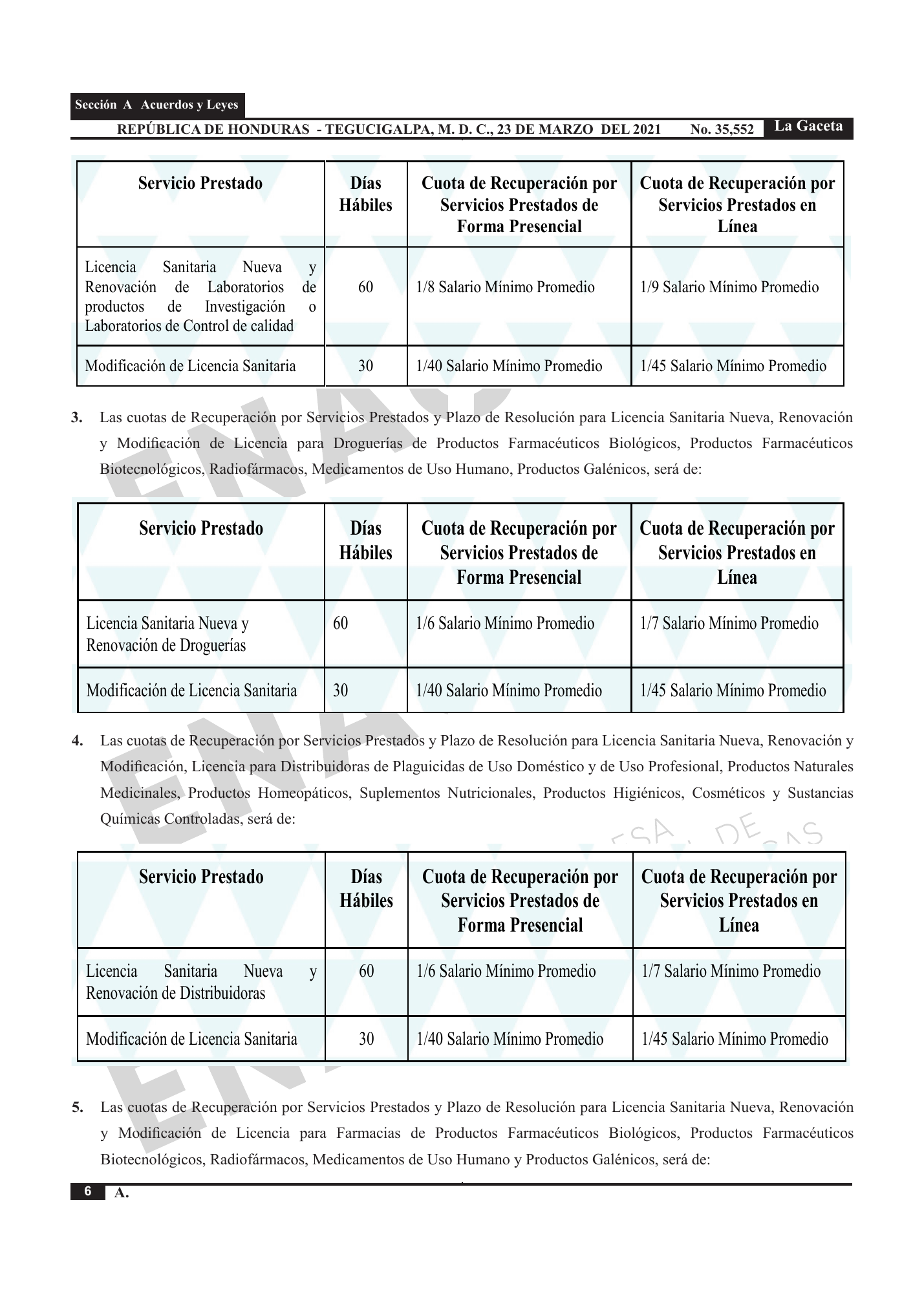Acuerdo 003-2021 — official PDF page 6; original table columns, symbols and diagram connections