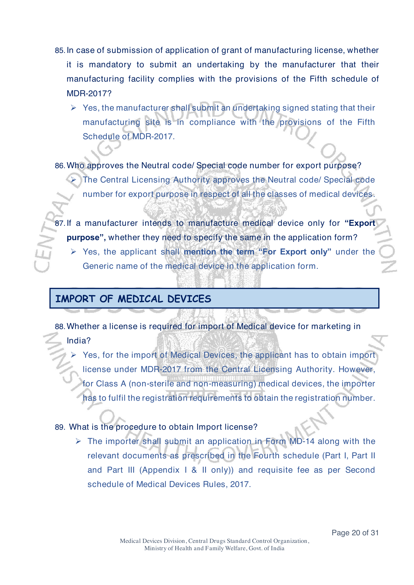 Frequently Asked Questions on Medical Devices Rules 2017 — official portal compilation — official PDF physical page 20
