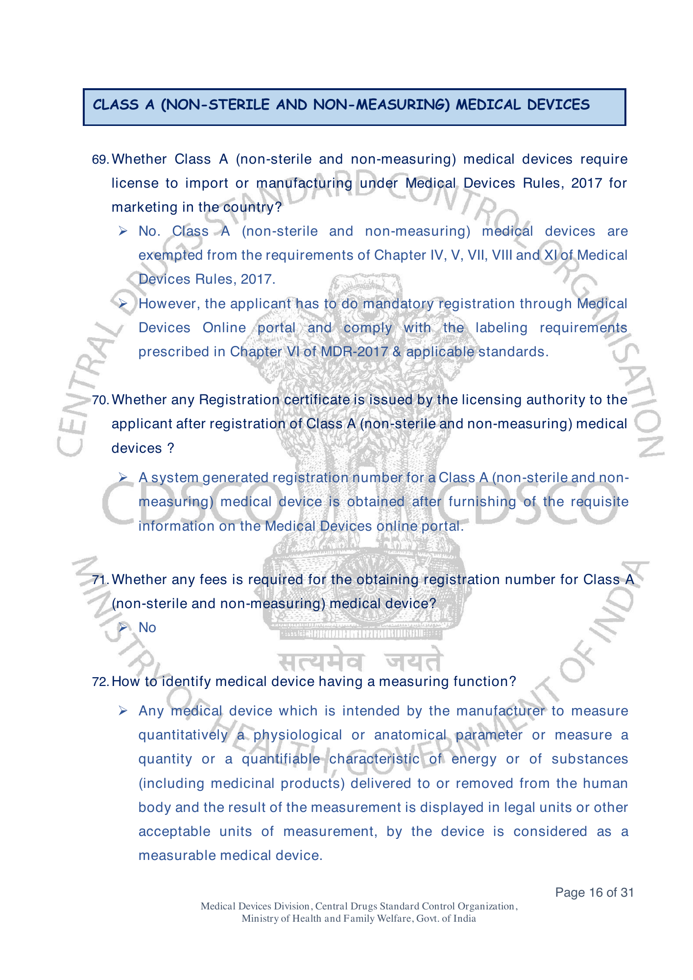 Frequently Asked Questions on Medical Devices Rules 2017 — official portal compilation — official PDF physical page 16