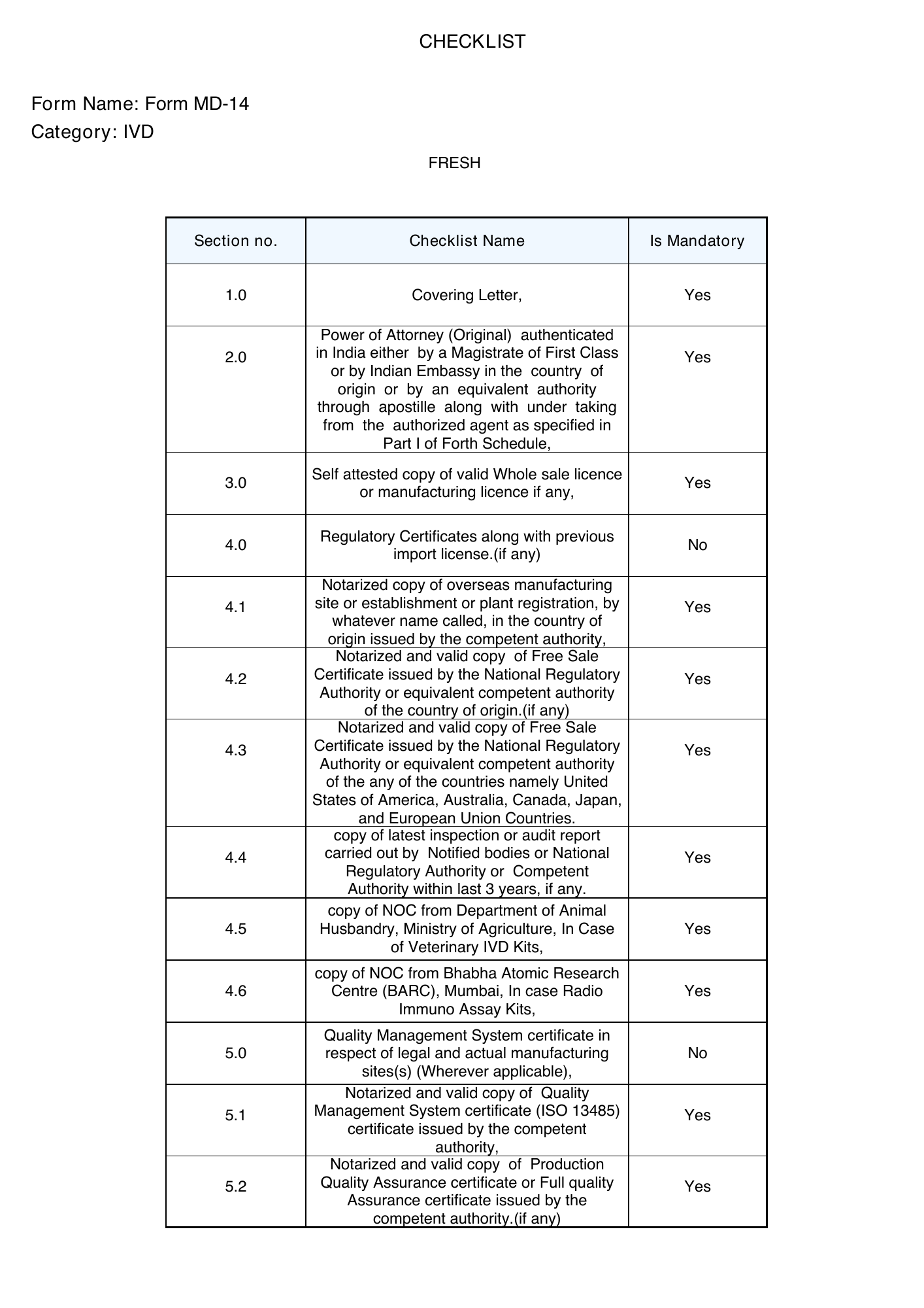 CDSCO public Form MD-14 checklist — IVD — official PDF page 1