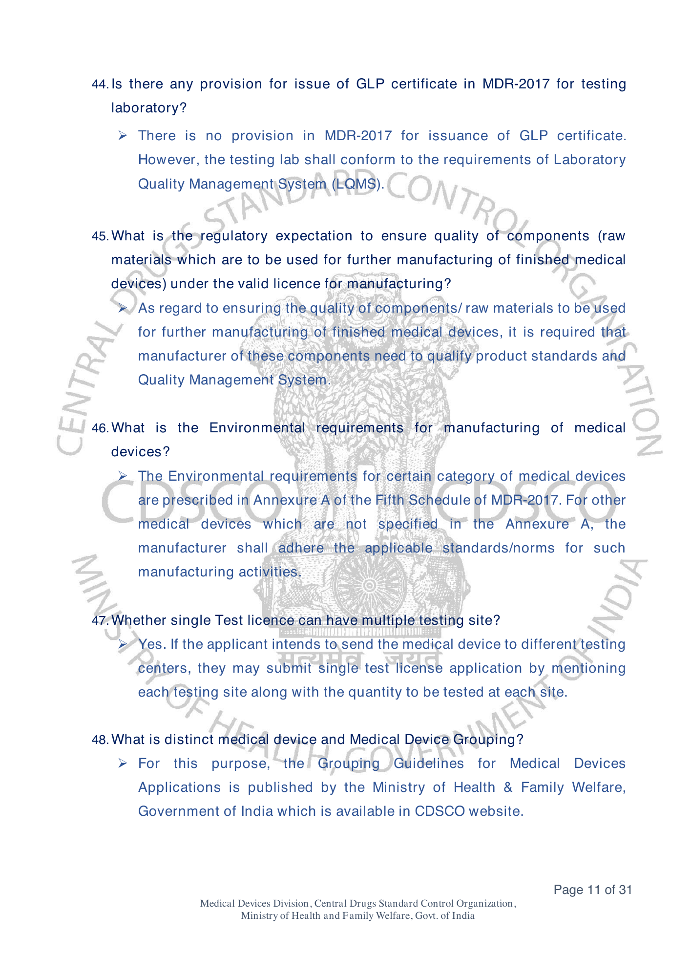 Frequently Asked Questions on Medical Devices Rules 2017 — official portal compilation — official PDF physical page 11