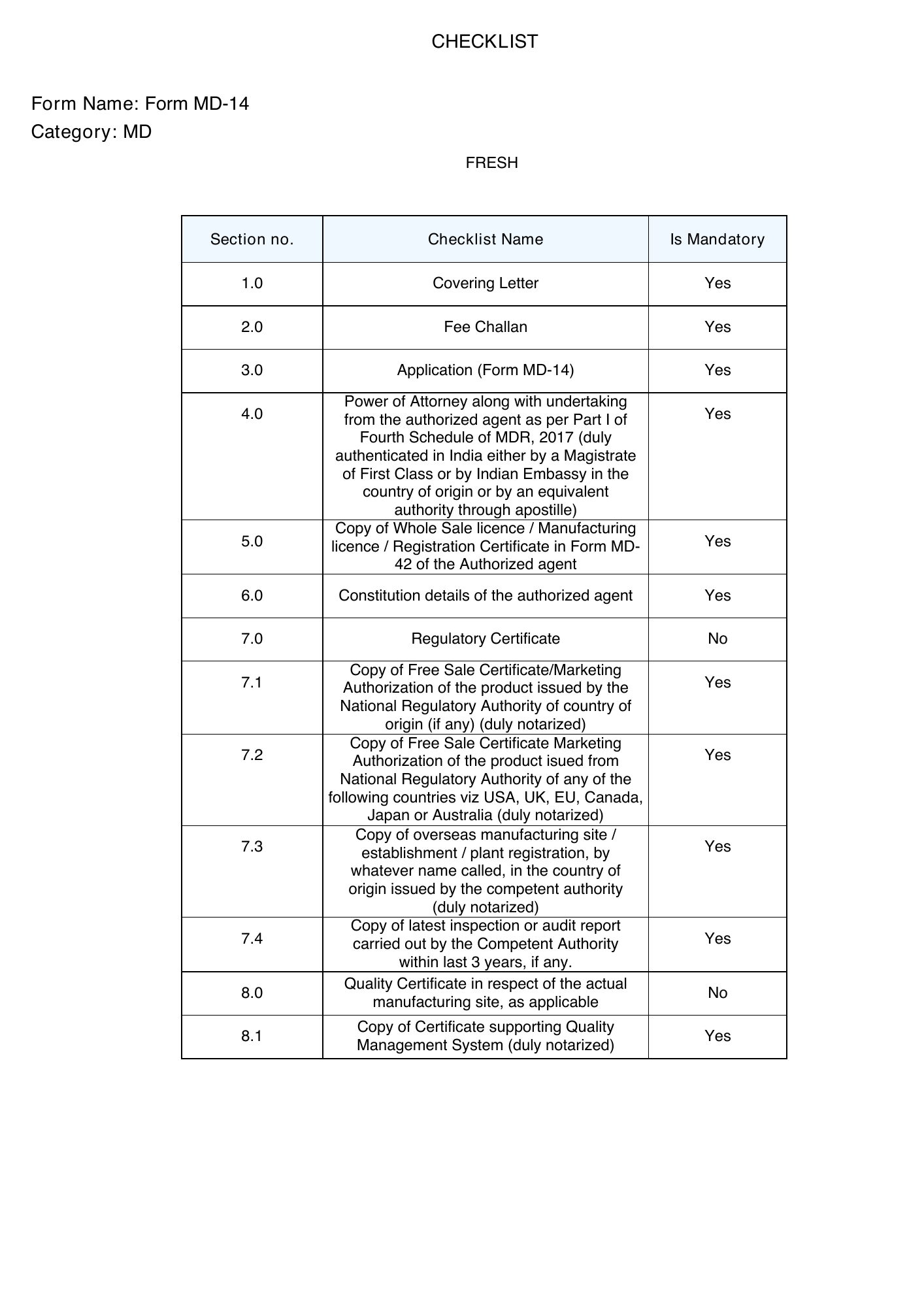 CDSCO public Form MD-14 checklist — MD — official PDF page 1
