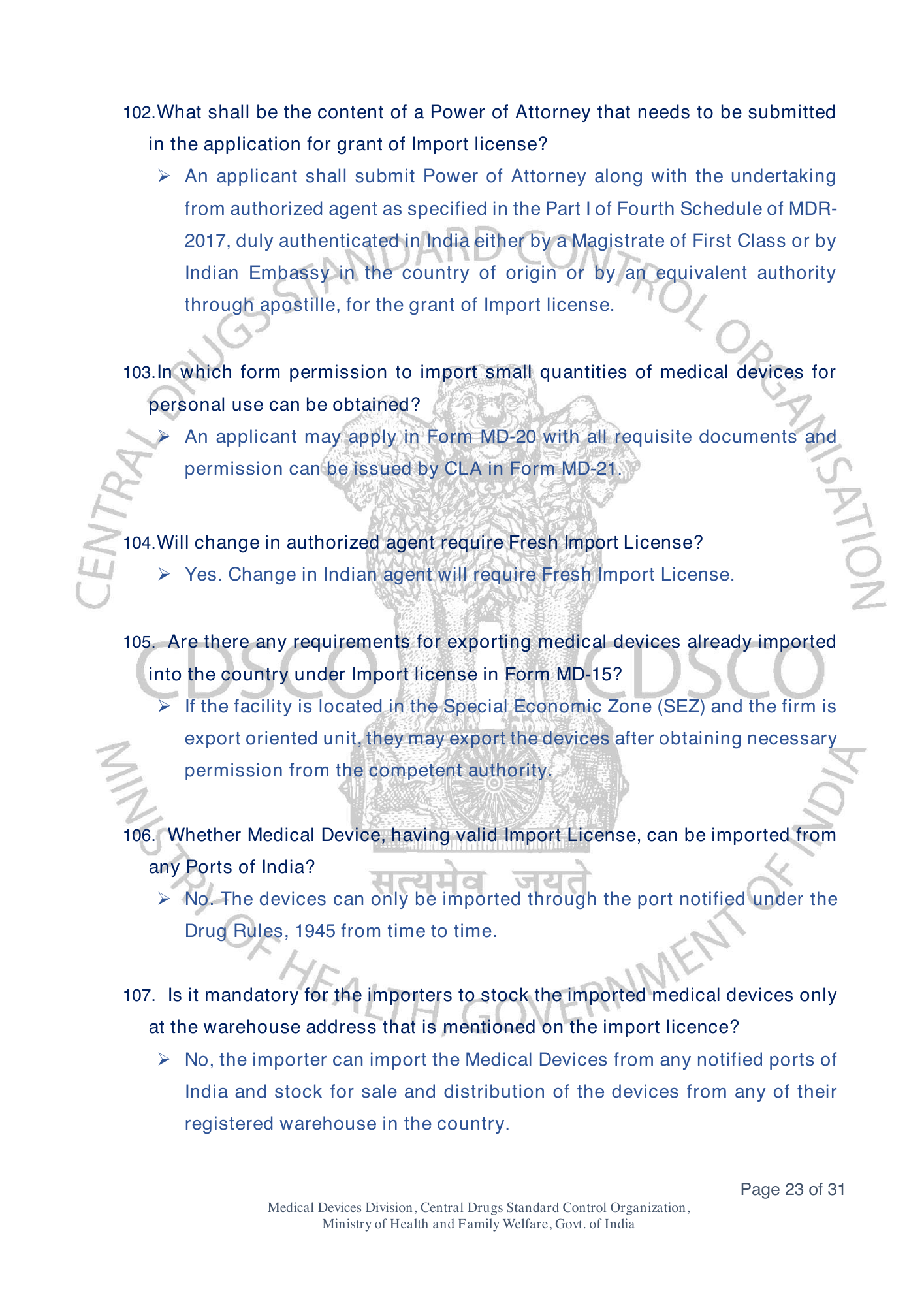 Frequently Asked Questions on Medical Devices Rules 2017 — official portal compilation — official PDF physical page 23