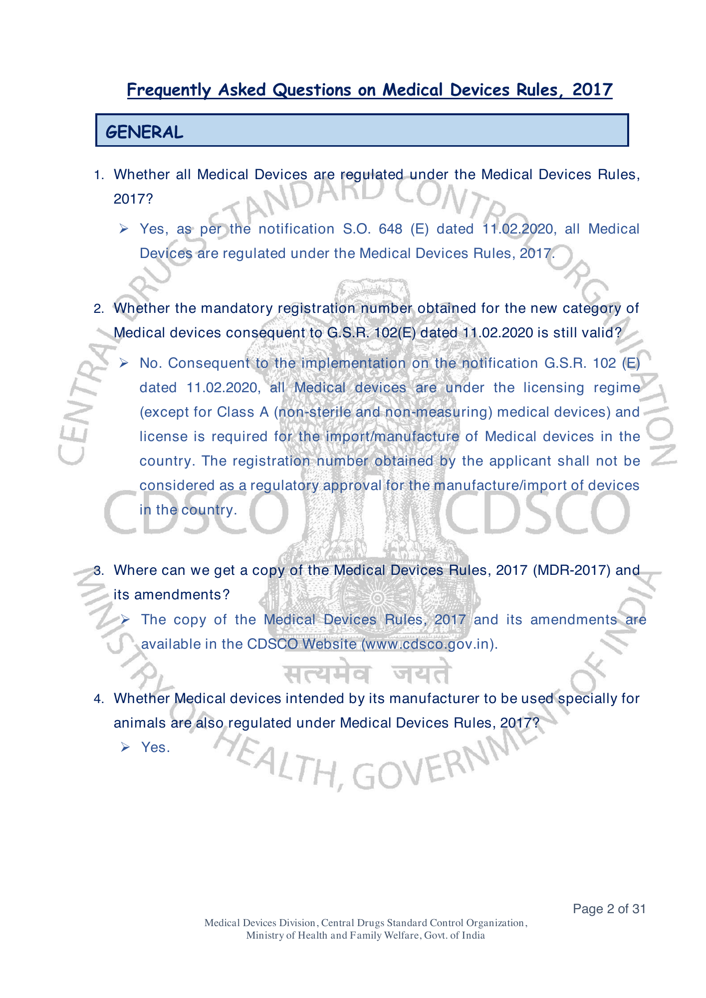 Frequently Asked Questions on Medical Devices Rules 2017 — official portal compilation — official PDF physical page 2