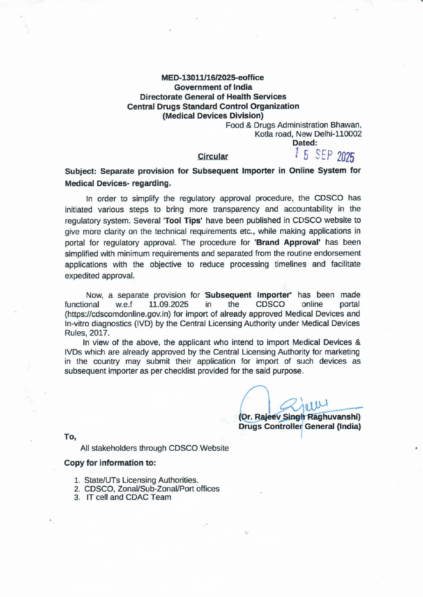 Separate provision for Subsequent Importer in Online System for Medical Devices — official PDF physical page 1