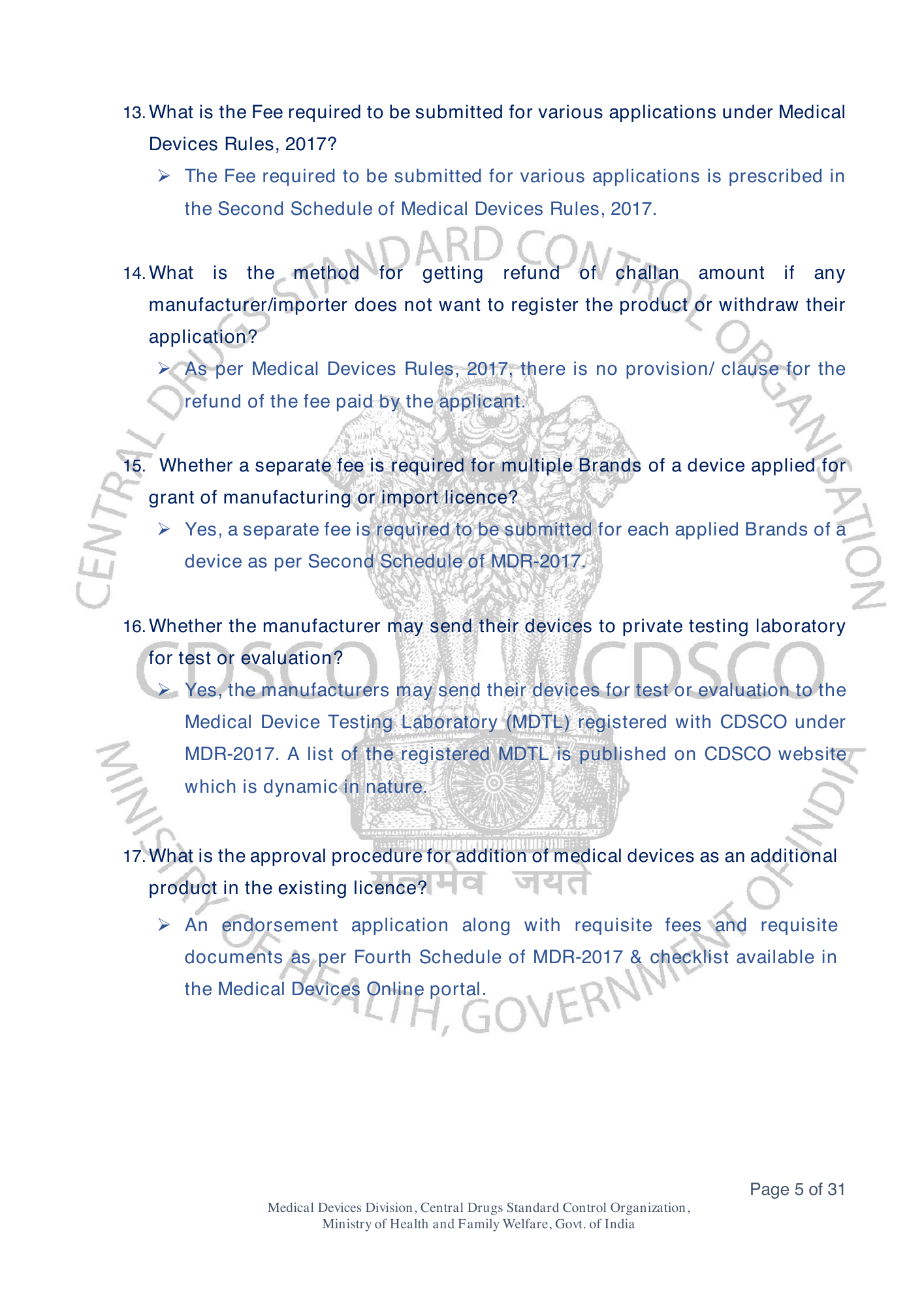 Frequently Asked Questions on Medical Devices Rules 2017 — official portal compilation — official PDF physical page 5