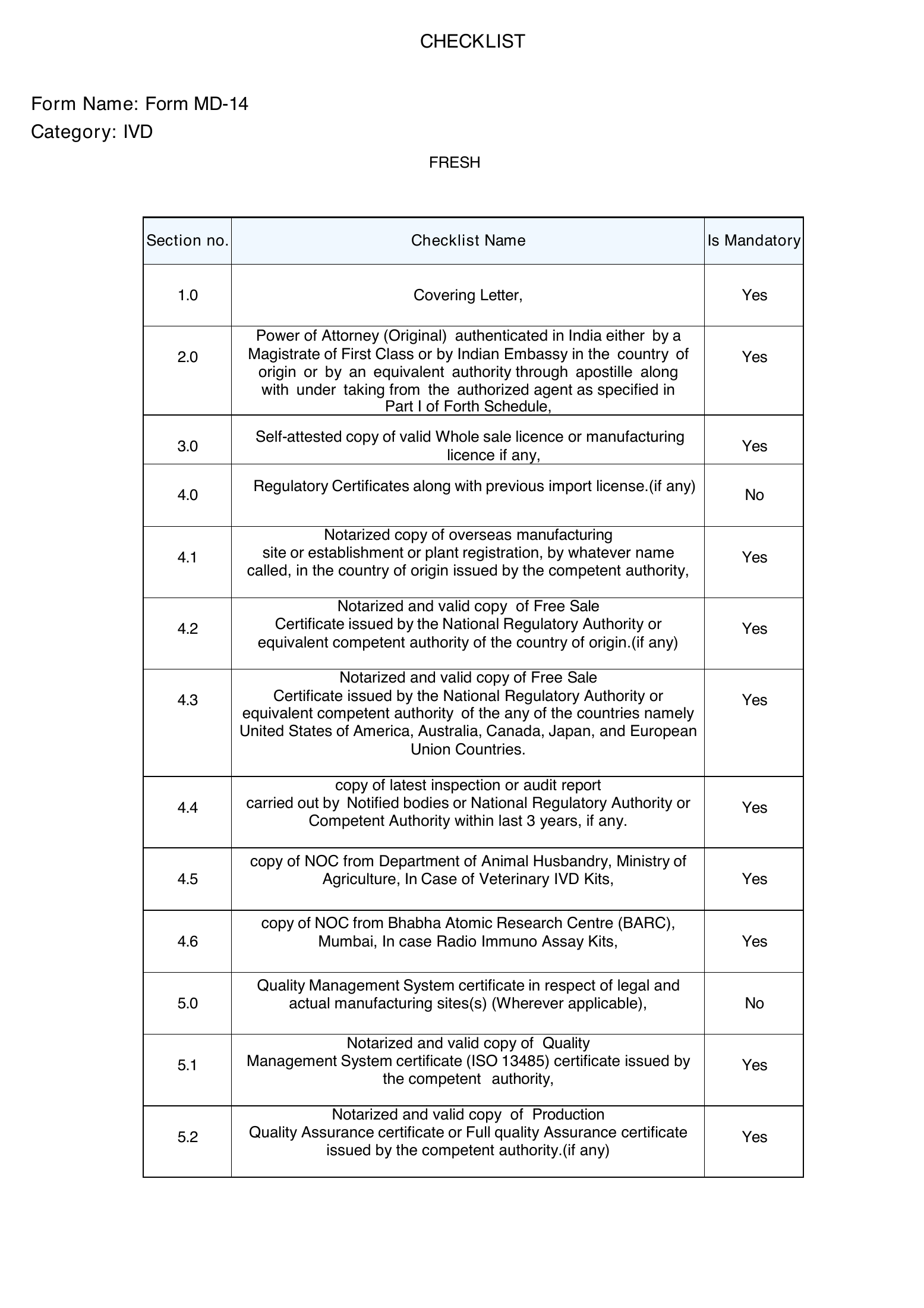 CDSCO IVD Form MD-14 static checklist — complete original PDF page 1; original page image governs.