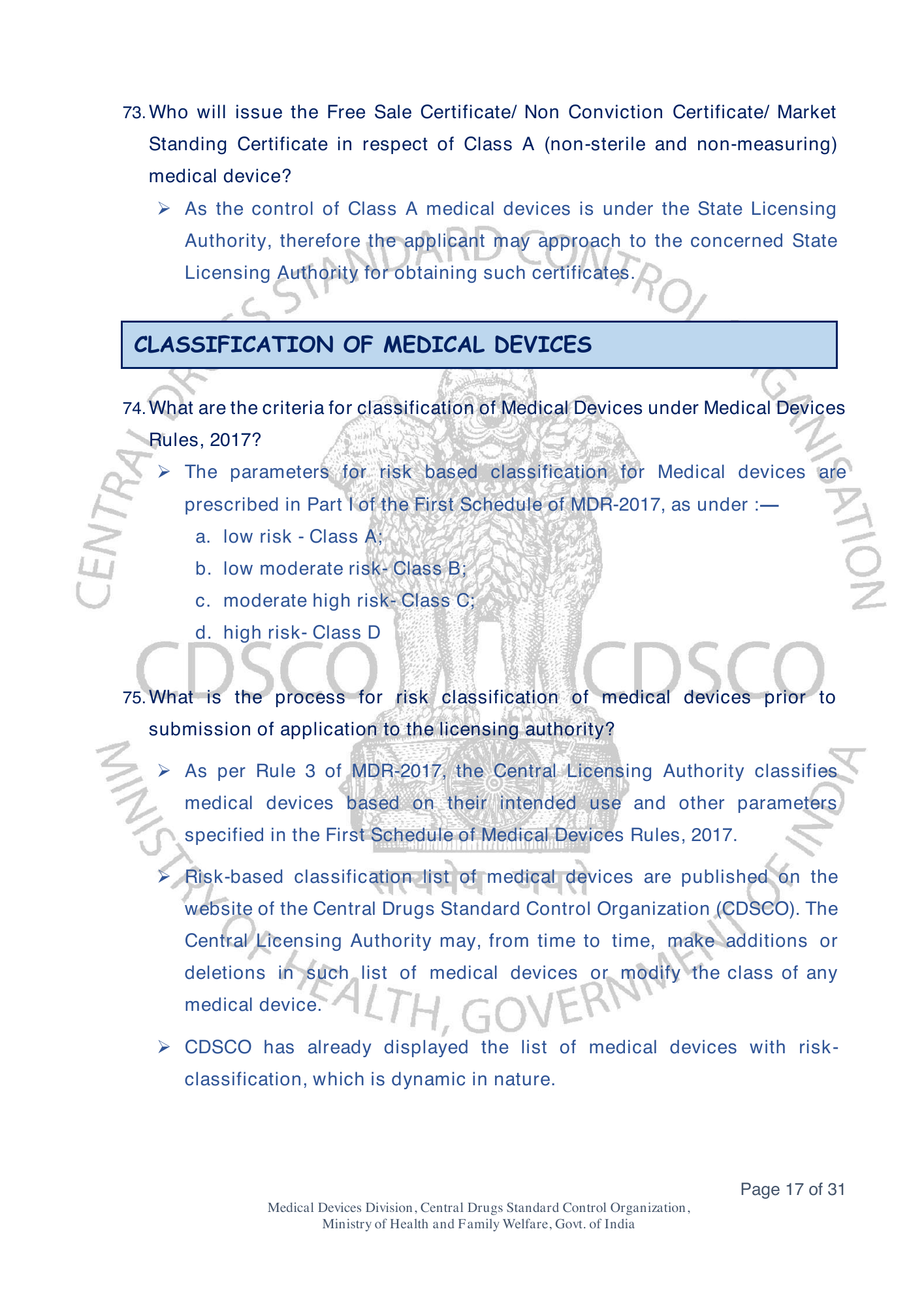 Frequently Asked Questions on Medical Devices Rules 2017 — official portal compilation — official PDF physical page 17