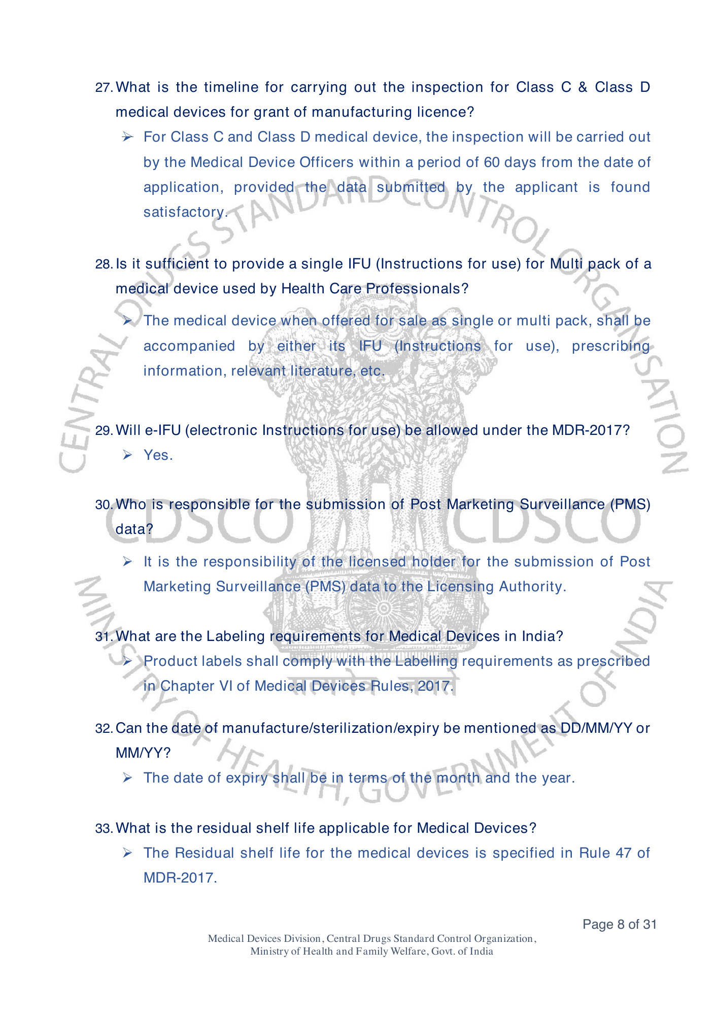 Frequently Asked Questions on Medical Devices Rules 2017 — official portal compilation — official PDF physical page 8