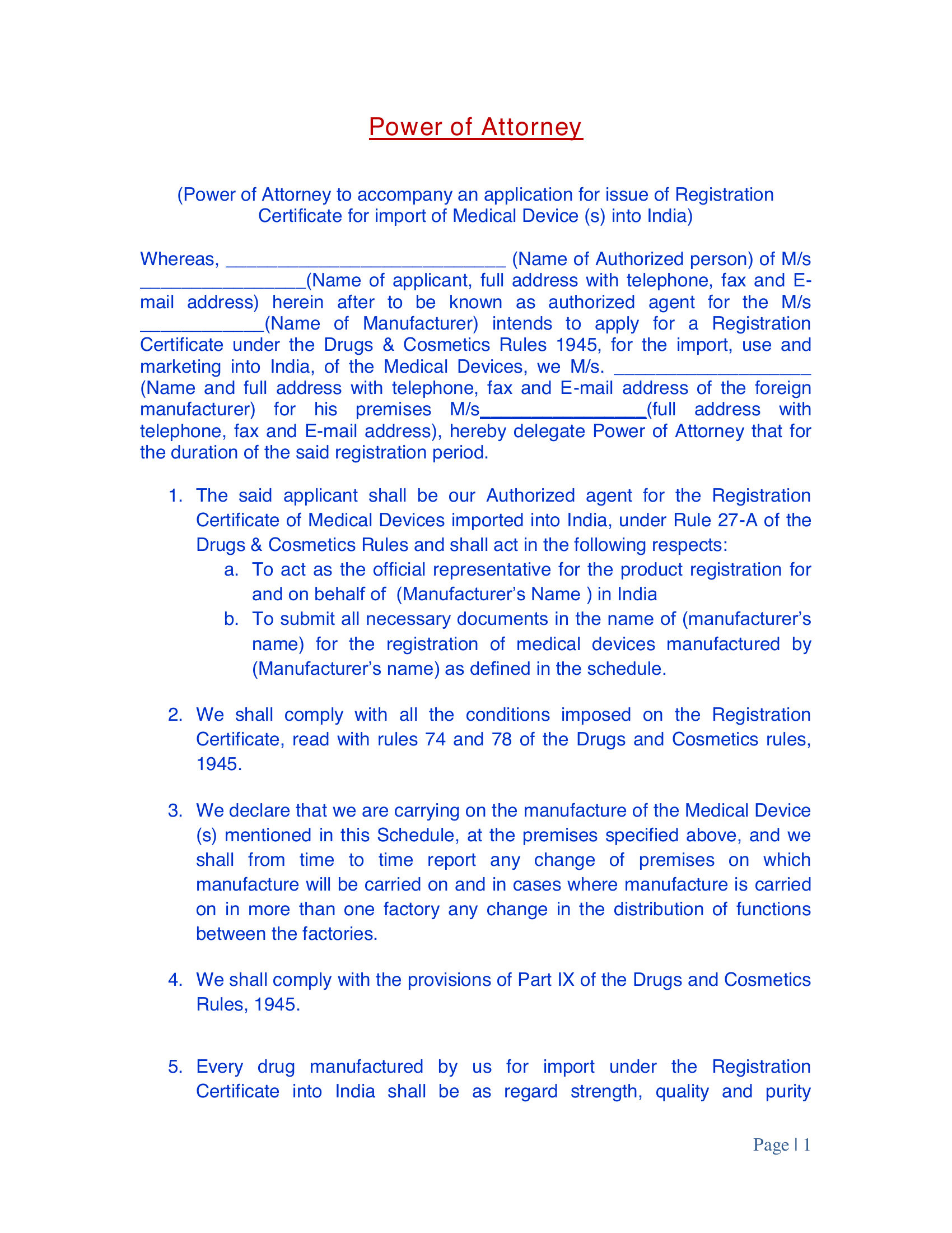 CDSCO legacy medical-device registration POA model — complete original official PDF page 1; source page image governs.