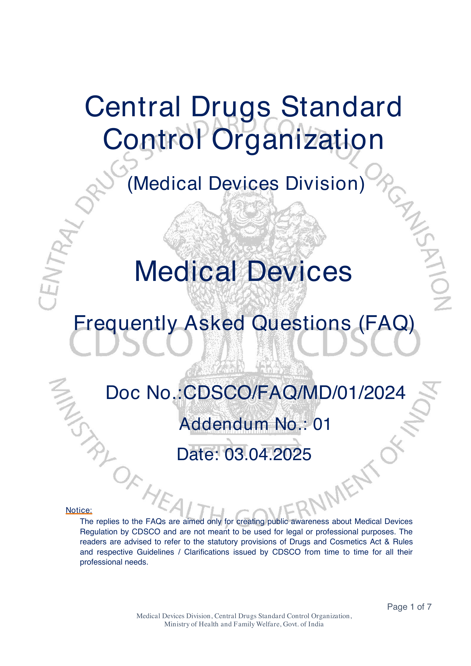 CDSCO/FAQ/MD/01/2024 — Addendum 01 — complete original official PDF page 1; source image governs.