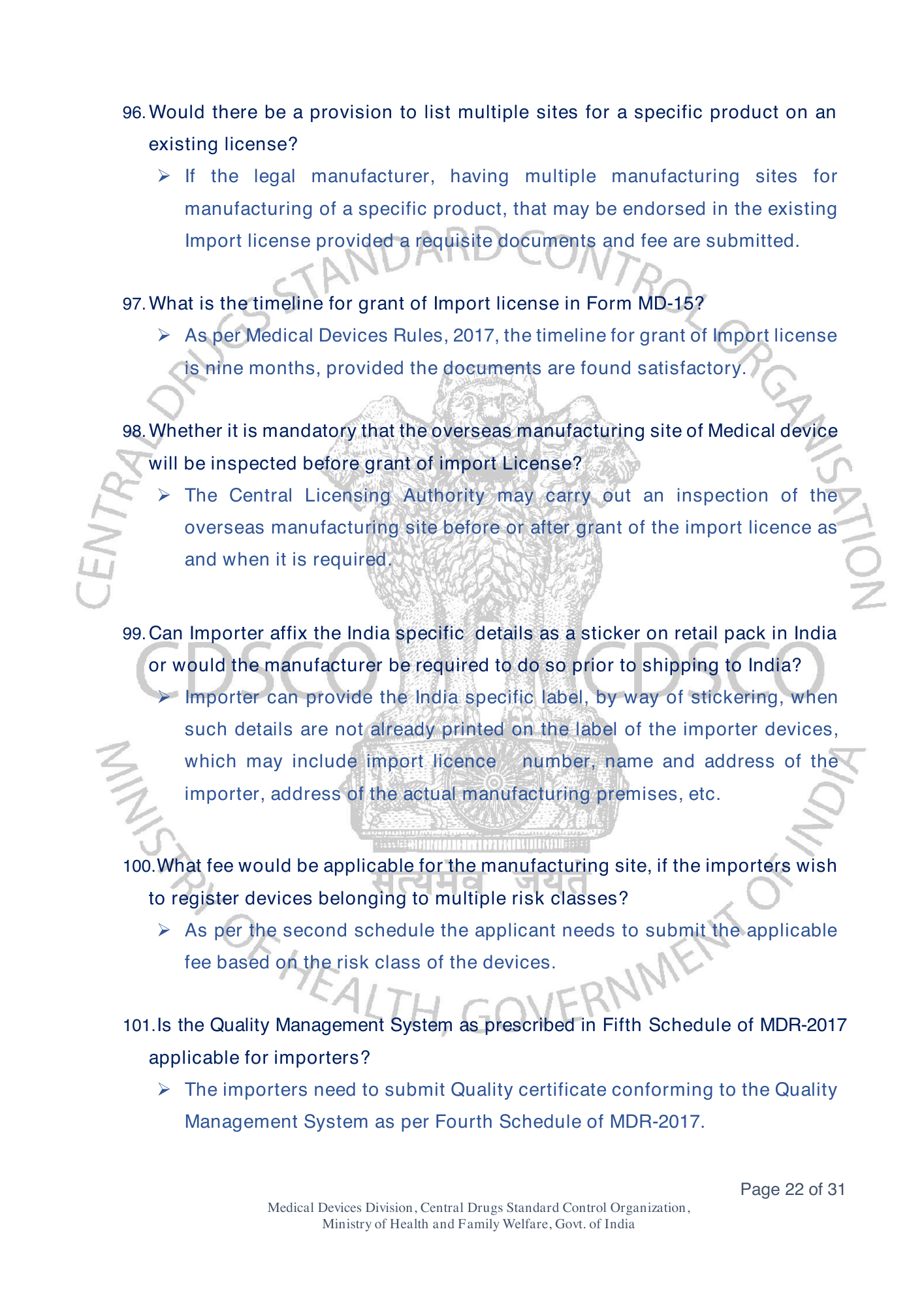Frequently Asked Questions on Medical Devices Rules 2017 — official portal compilation — official PDF physical page 22
