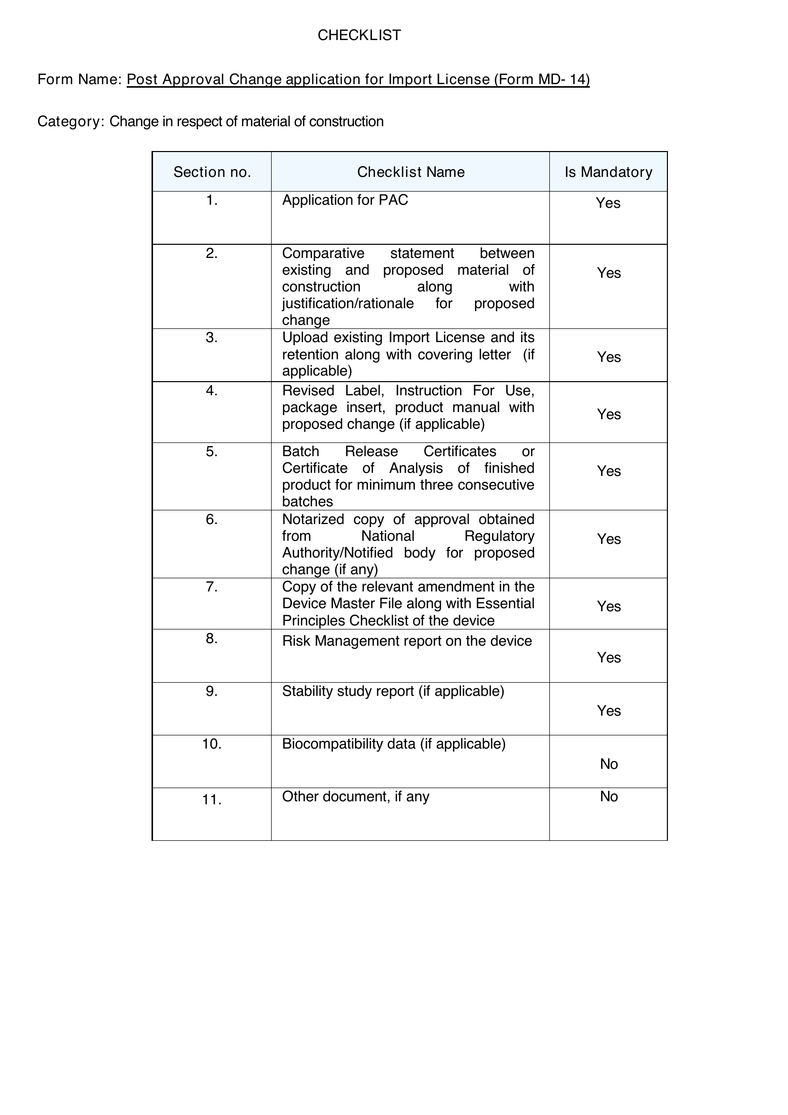 CDSCO PAC Import MD-14 checklist — complete original official PDF page 1; source image governs.