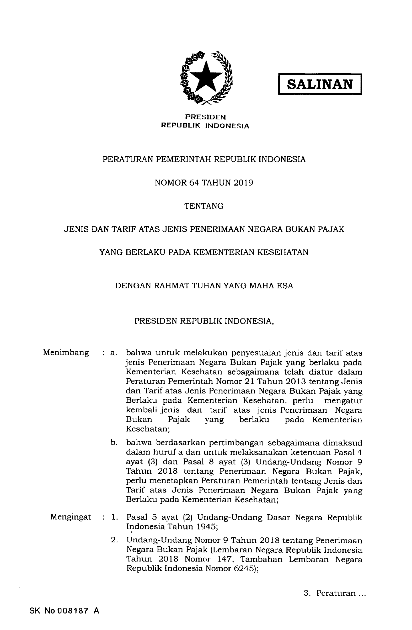 PP No. 64 Tahun 2019 — original complete physical PDF page 1; original image governs.