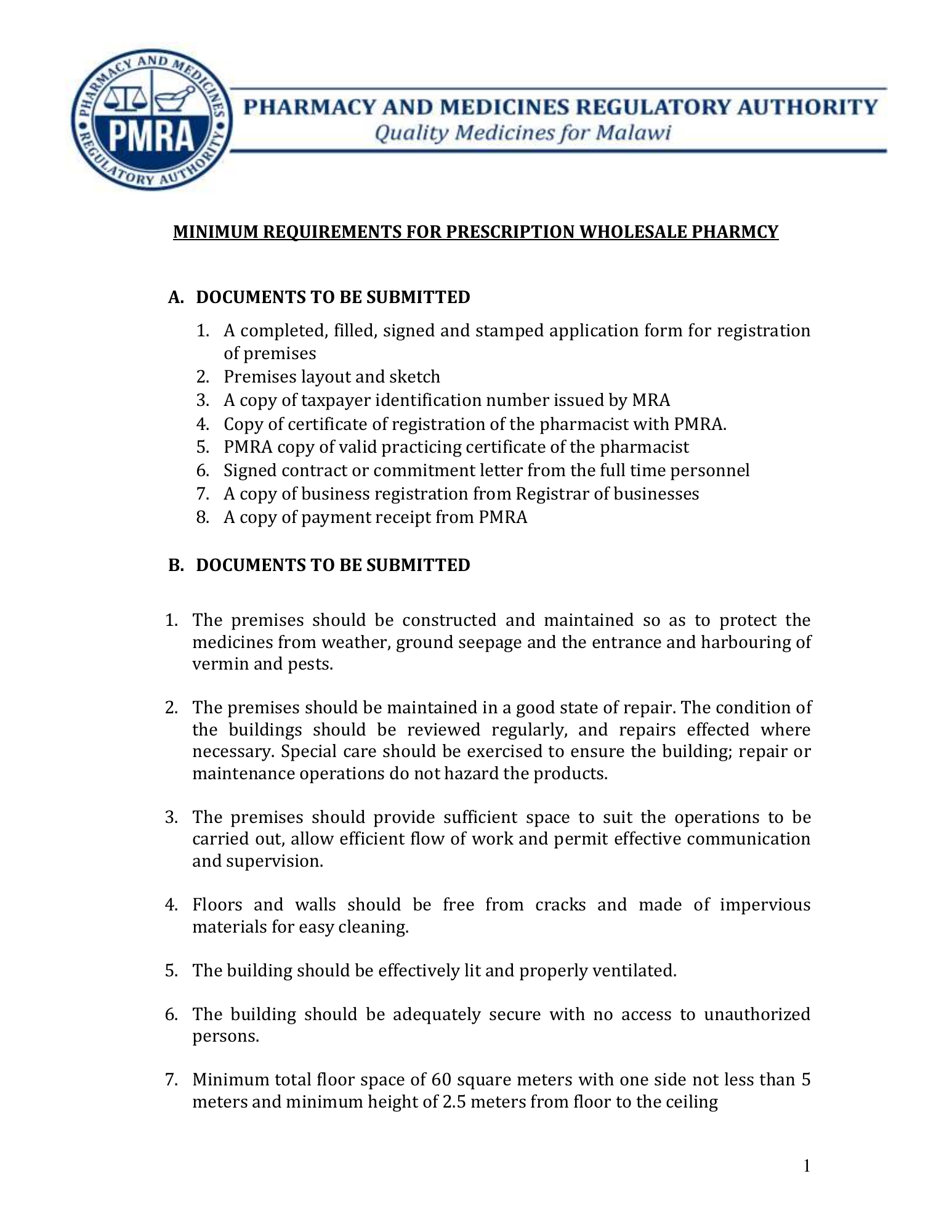 malawi-pmra-wholesale-premises-prescription — official PDF page 1; original table columns, symbols and diagram connections