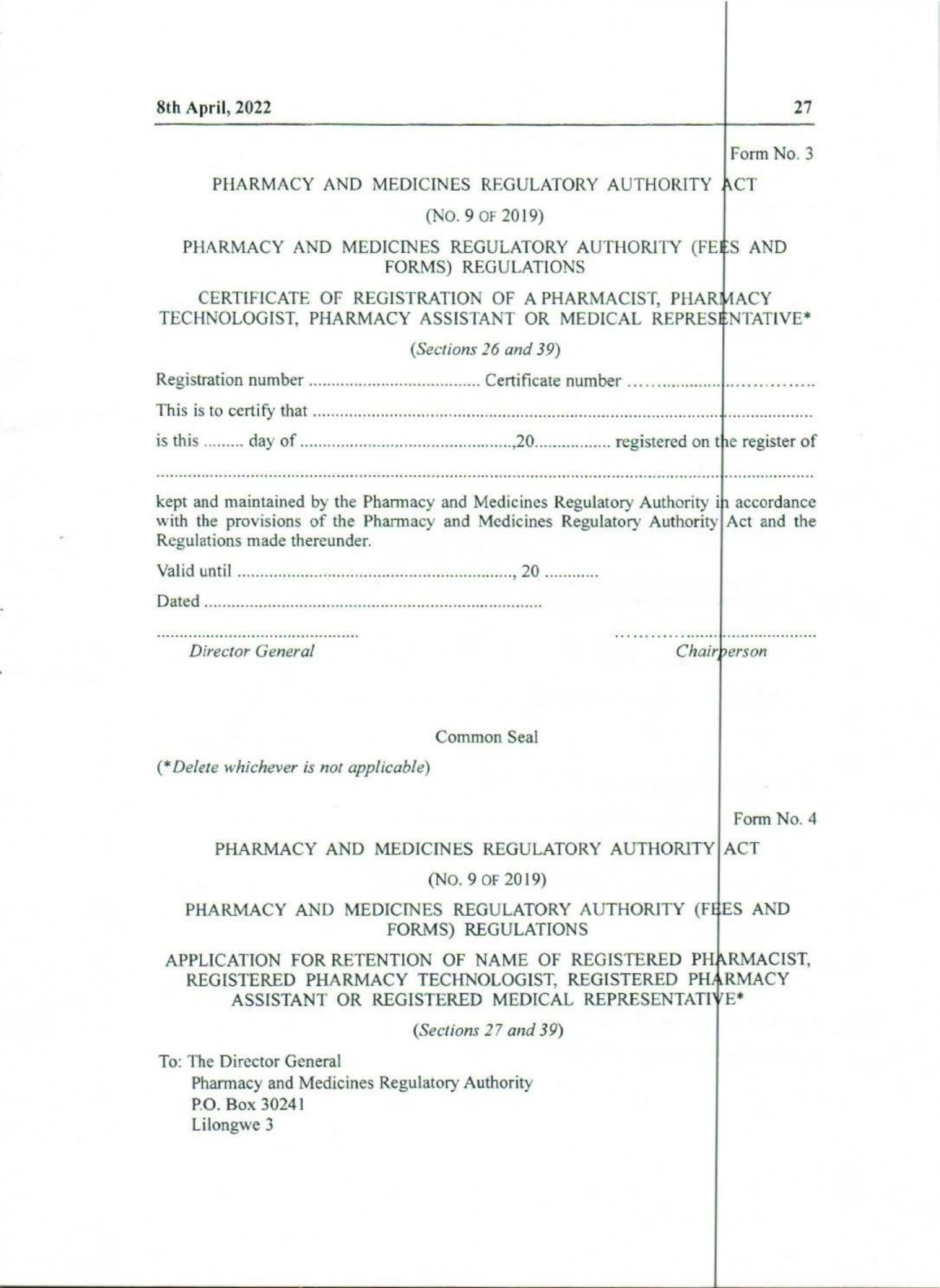 Government Notice 9 of 2022 — official PDF page 11; original table columns, symbols and diagram connections