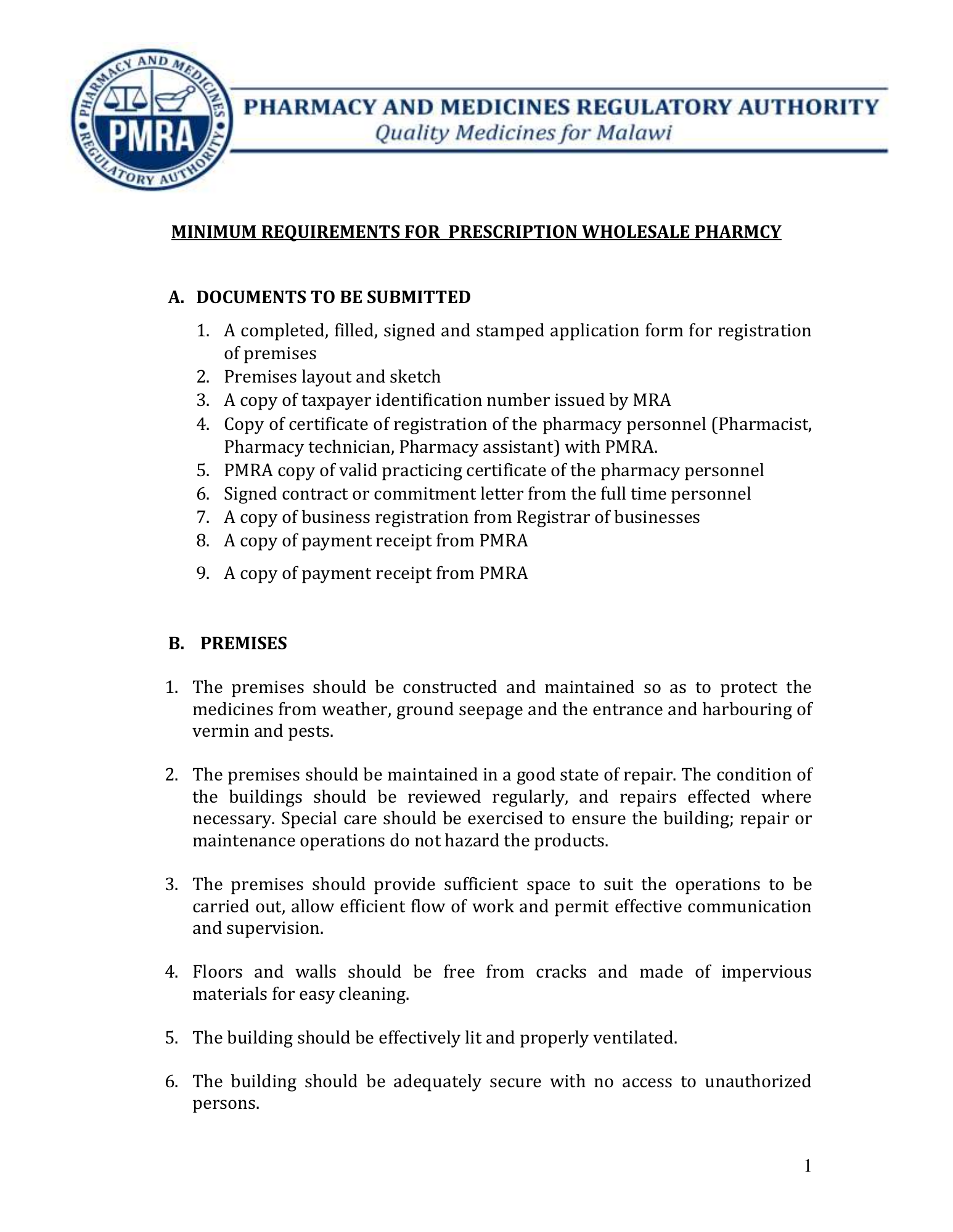 malawi-pmra-wholesale-premises-non-prescription-link — official PDF page 1; original table columns, symbols and diagram connections