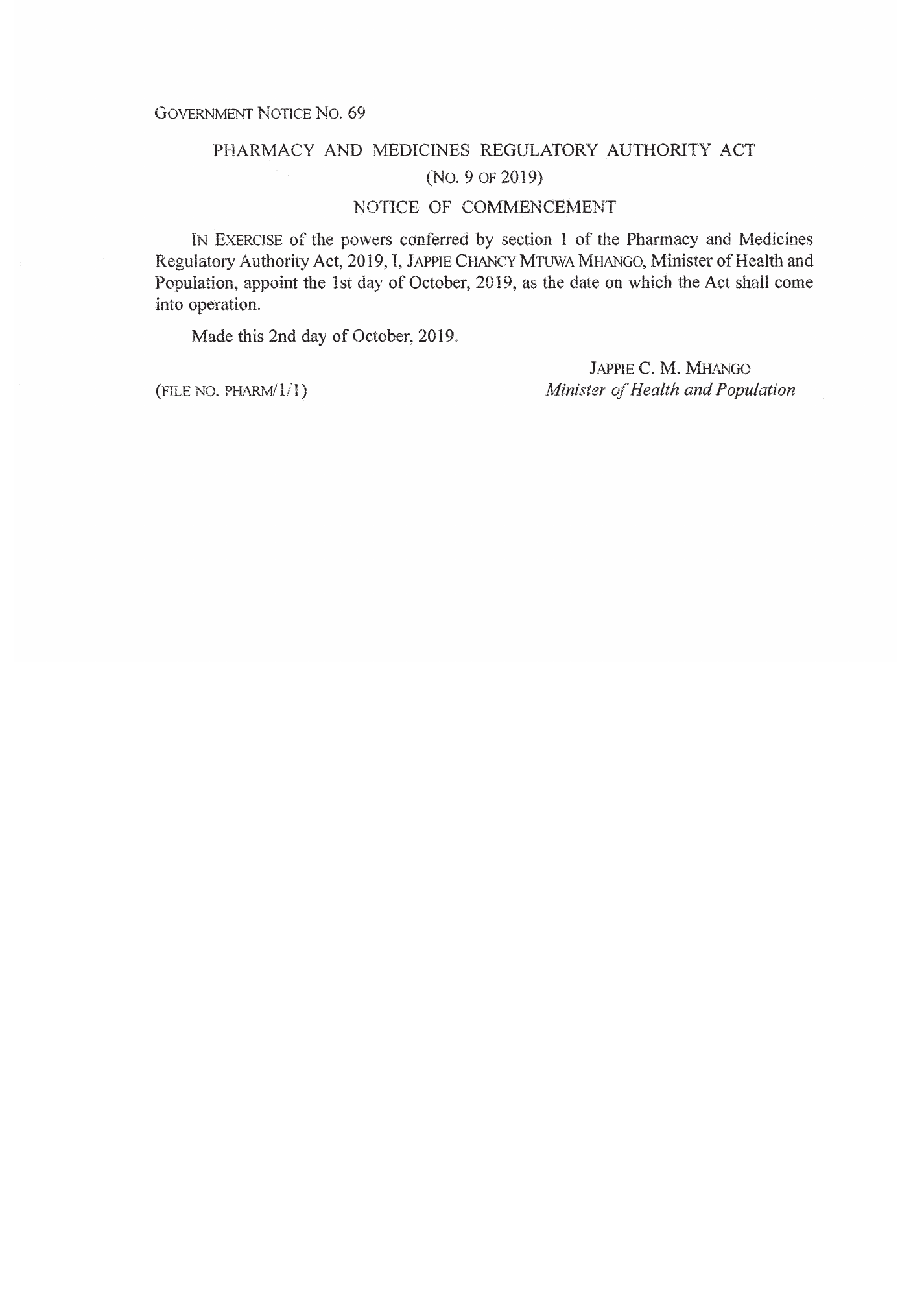 Government Notice 69 of 2019 — official PDF page 1; original table columns, symbols and diagram connections