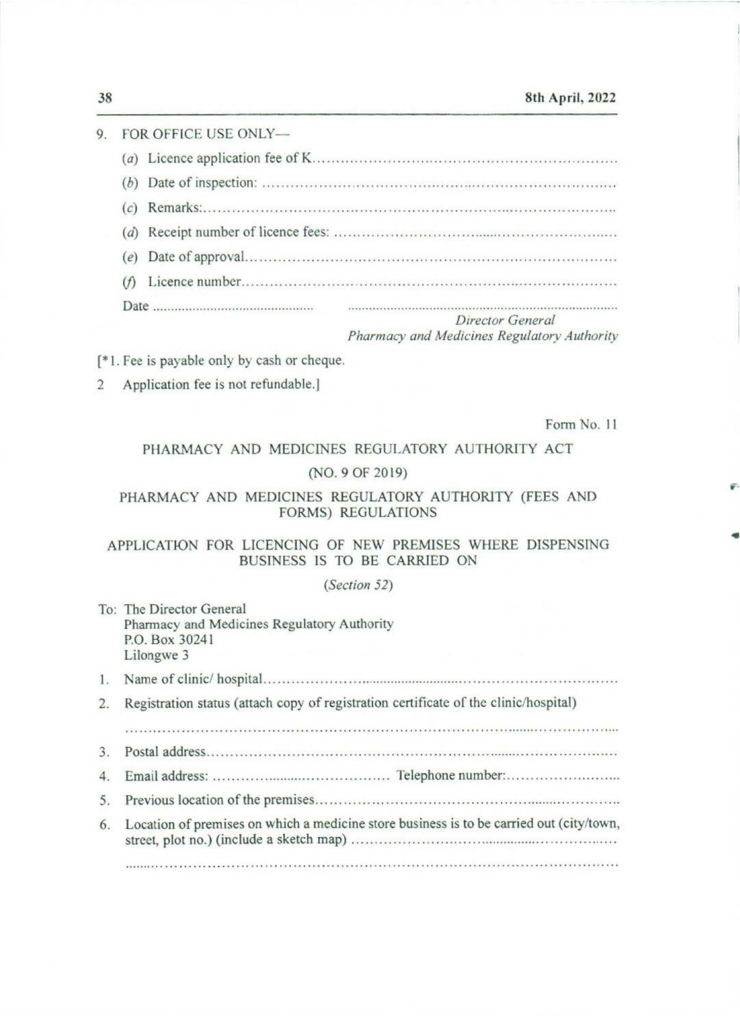 Government Notice 9 of 2022 — official PDF page 22; original table columns, symbols and diagram connections