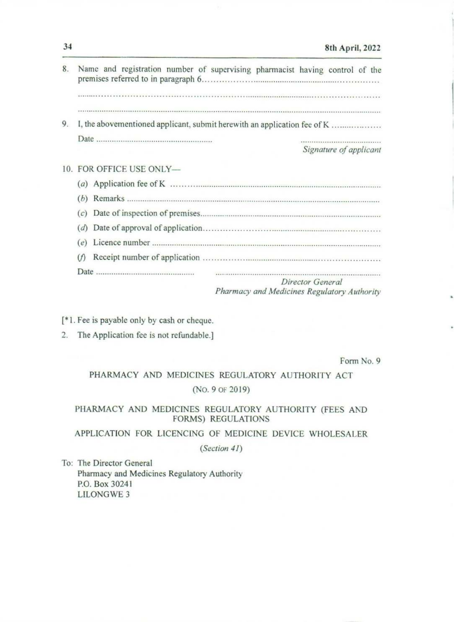Government Notice 9 of 2022 — official PDF page 18; original table columns, symbols and diagram connections