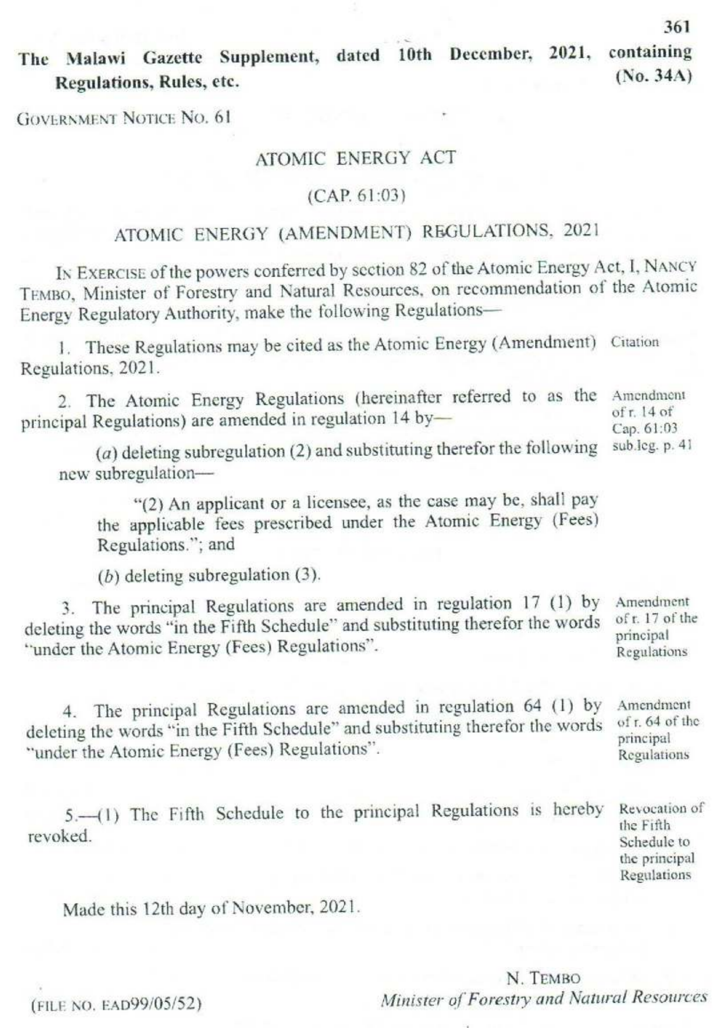 Government Notice 61 of 2021 — official PDF page 1; original table columns, symbols and diagram connections