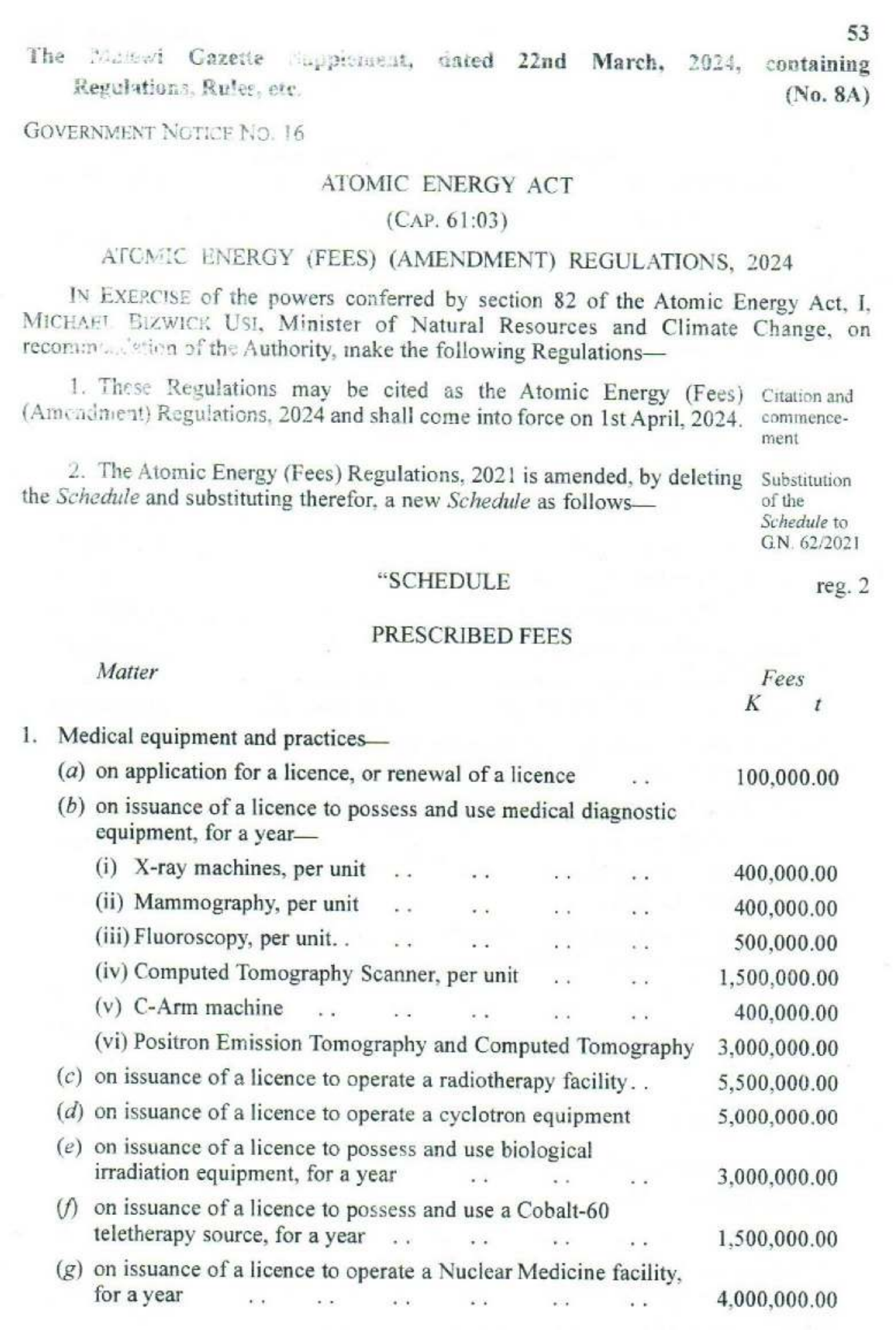 Government Notice 16 of 2024 — official PDF page 1; original table columns, symbols and diagram connections
