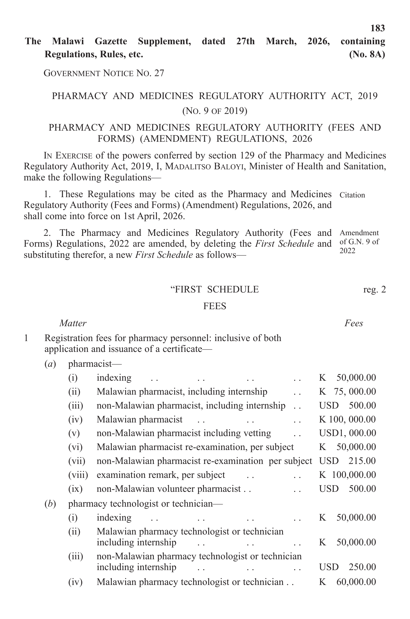 Government Notice 27 of 2026 — official PDF page 1; original table columns, symbols and diagram connections