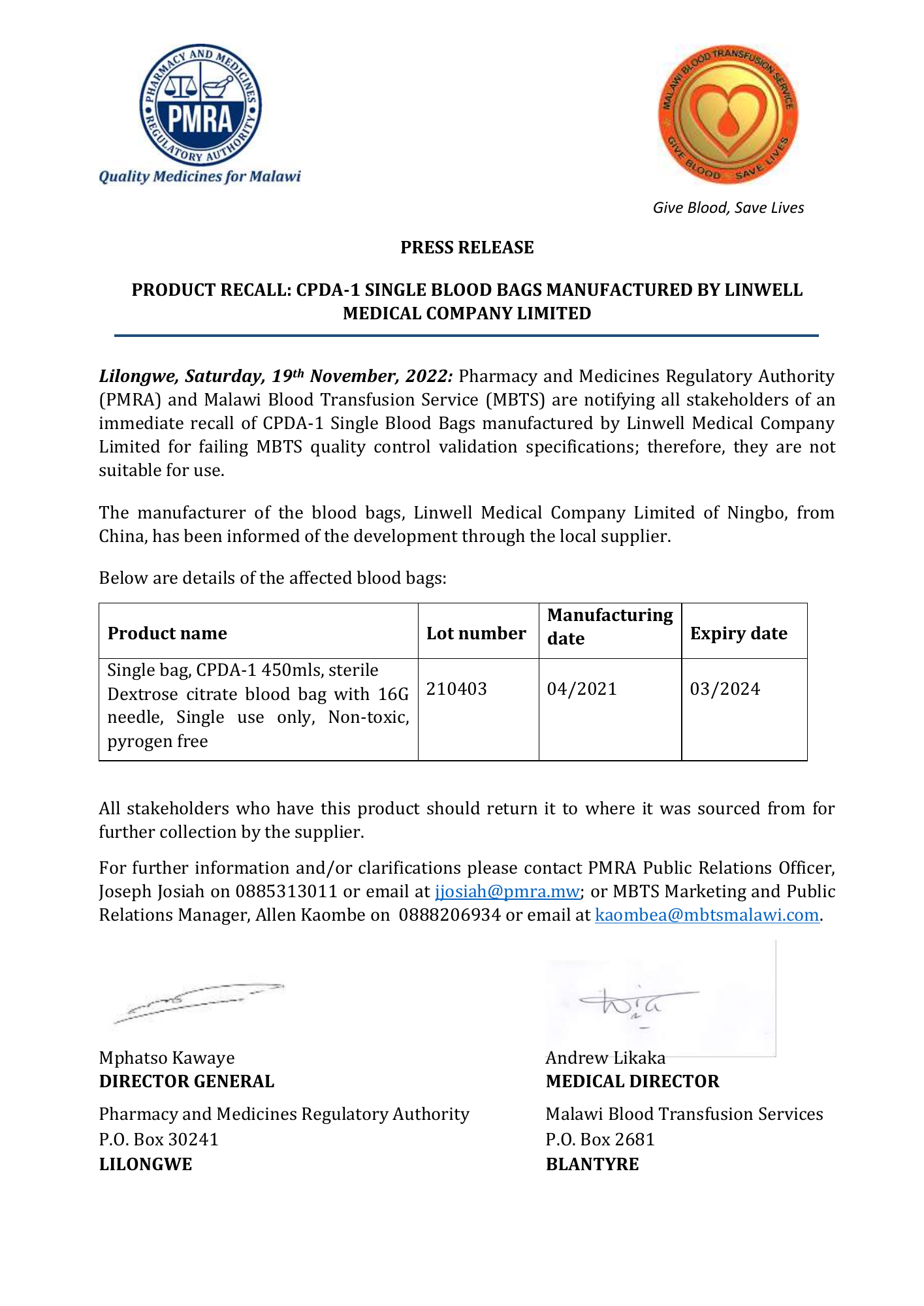 malawi-pmra-mbts-blood-bag-recall-2022 — official PDF page 1; original table columns, symbols and diagram connections