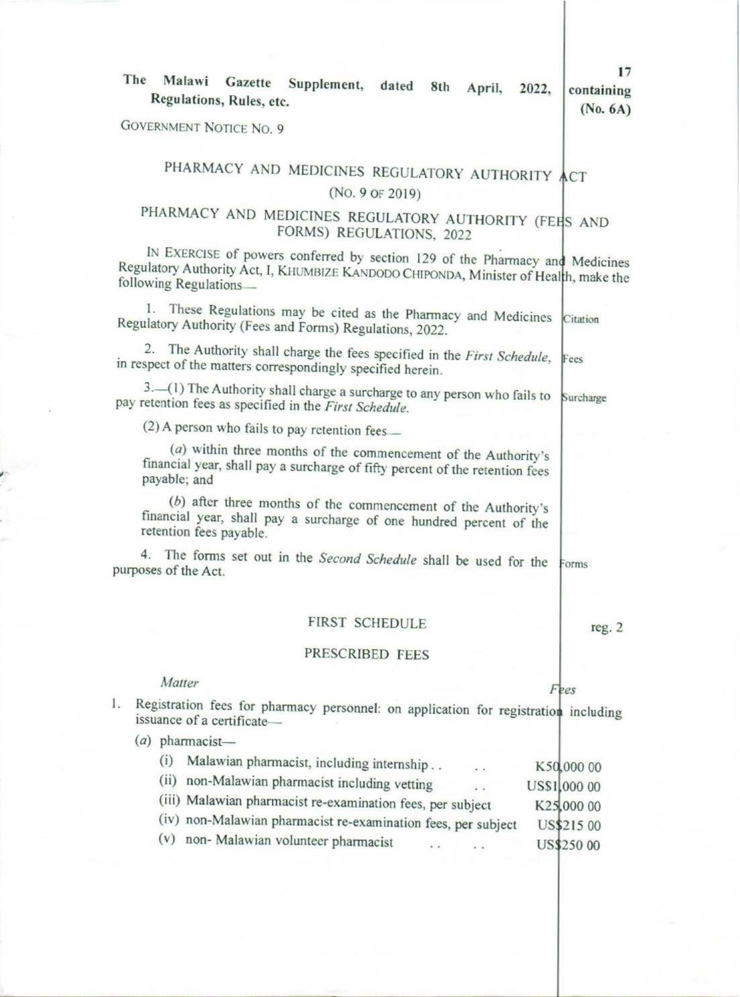 Government Notice 9 of 2022 — official PDF page 1; original table columns, symbols and diagram connections
