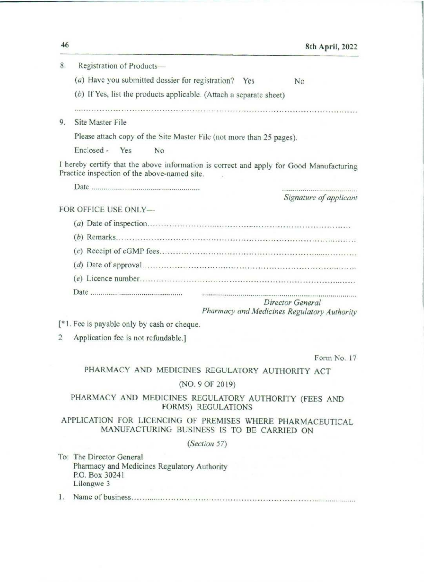 Government Notice 9 of 2022 — official PDF page 30; original table columns, symbols and diagram connections