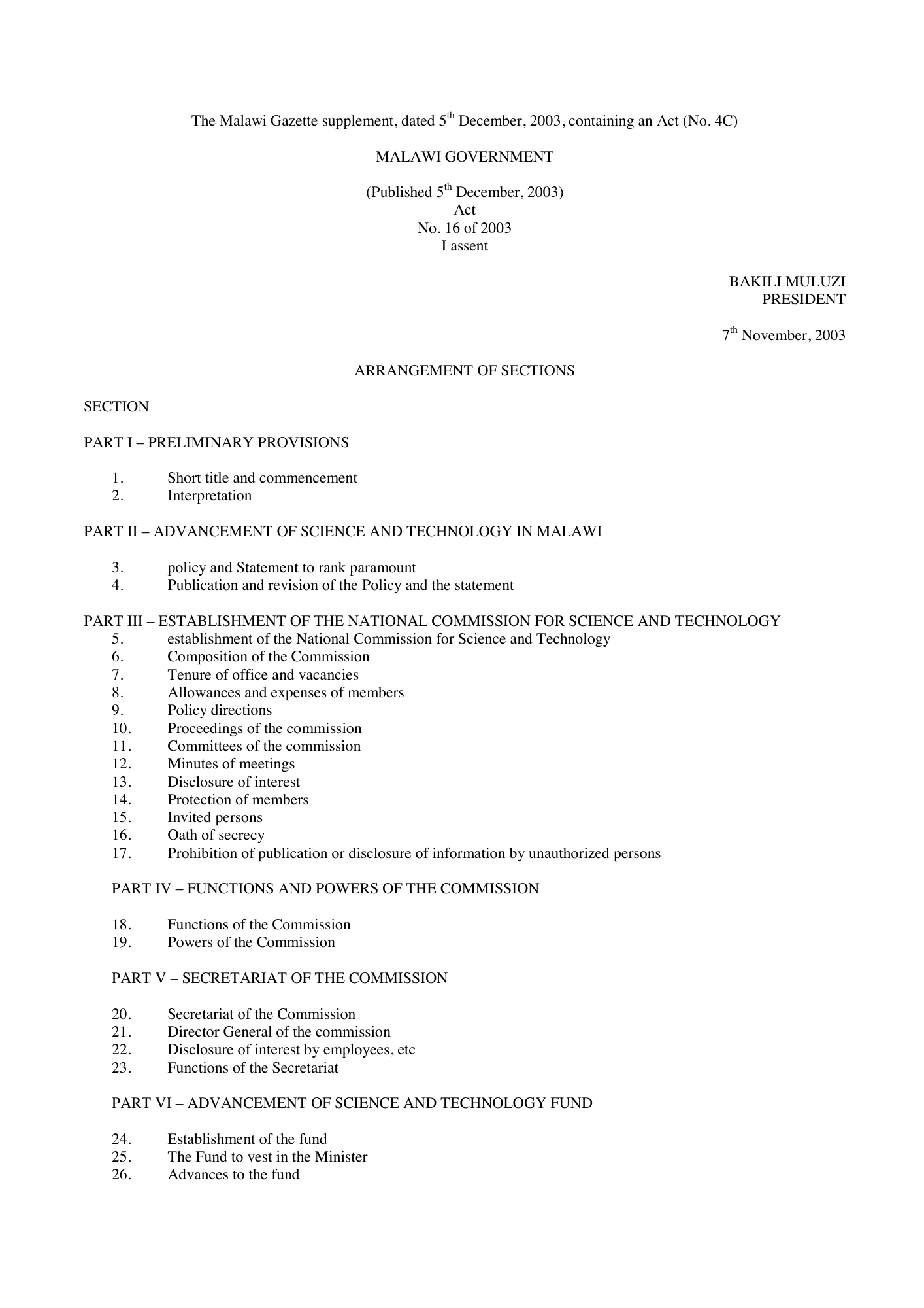 Act 16 of 2003 — official PDF page 1; original table columns, symbols and diagram connections