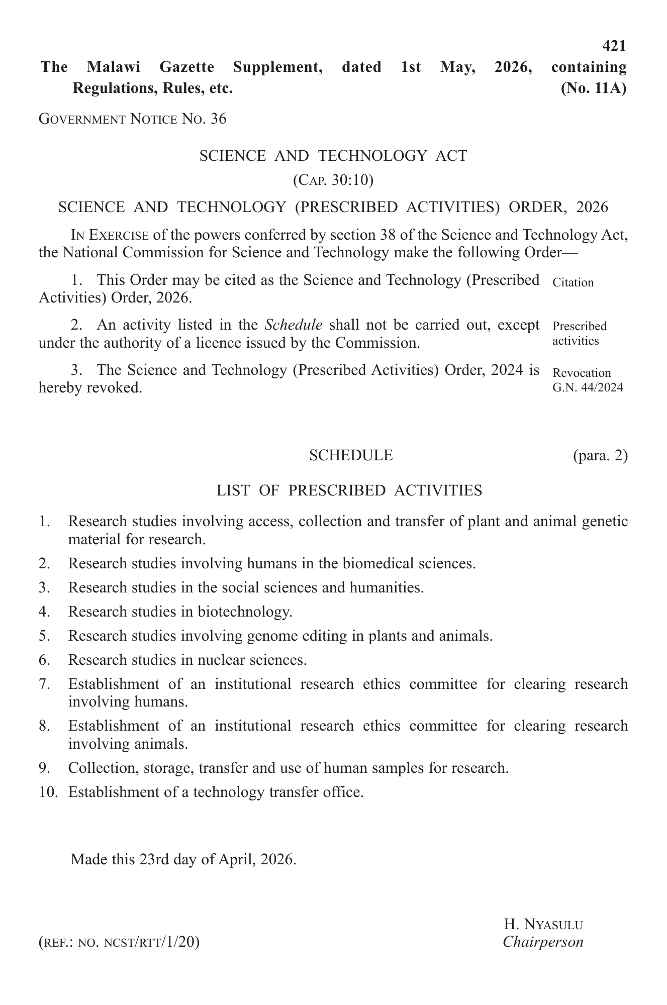 Government Notice 36 of 2026 — official PDF page 1; original table columns, symbols and diagram connections