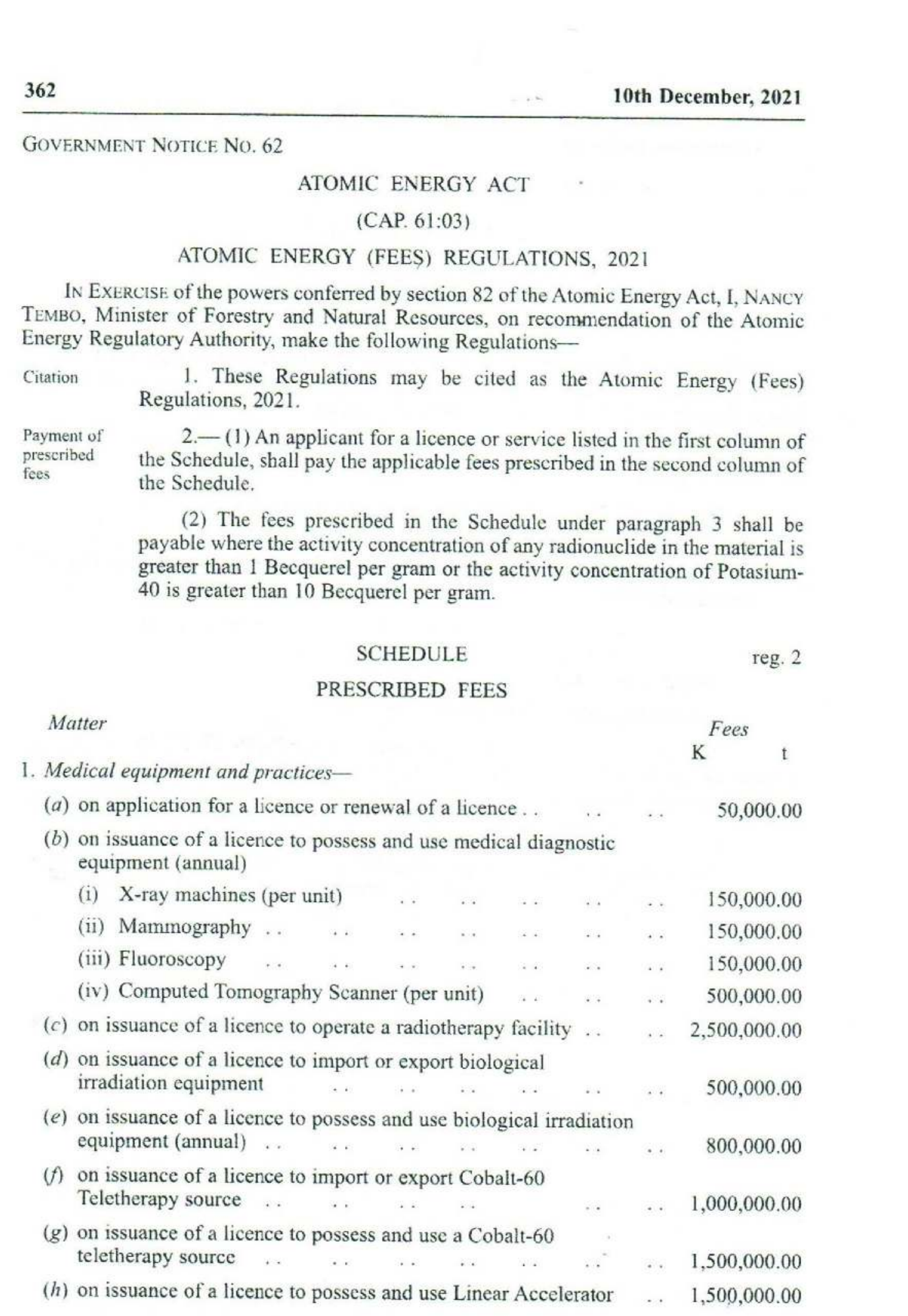 Government Notice 62 of 2021 — official PDF page 2; original table columns, symbols and diagram connections