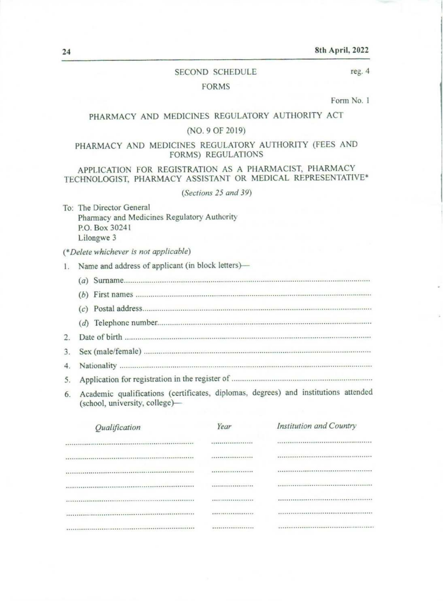 Government Notice 9 of 2022 — official PDF page 8; original table columns, symbols and diagram connections
