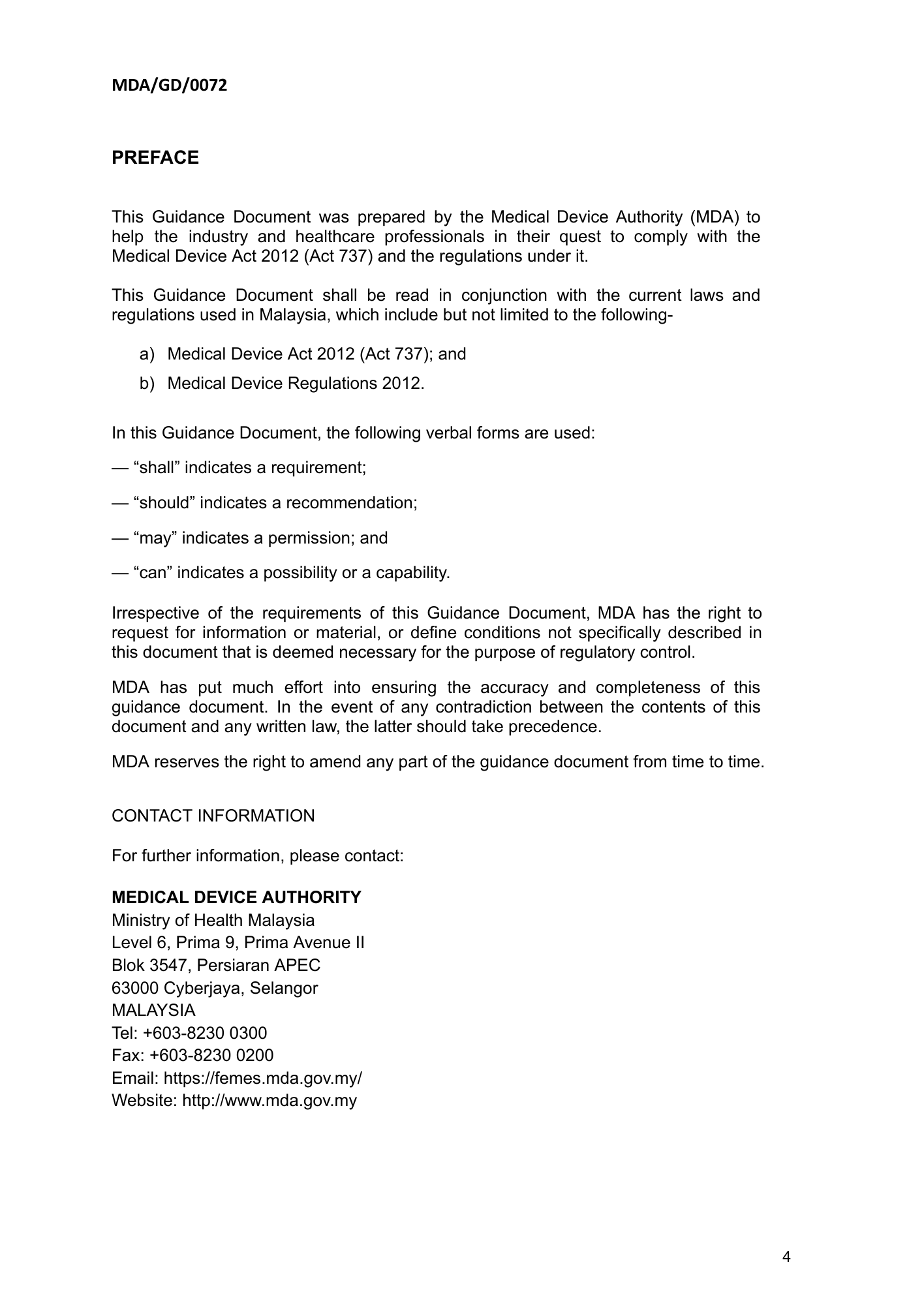 MDA/GD/0072, First Edition — original official PDF page4; original table columns and diagrams retained